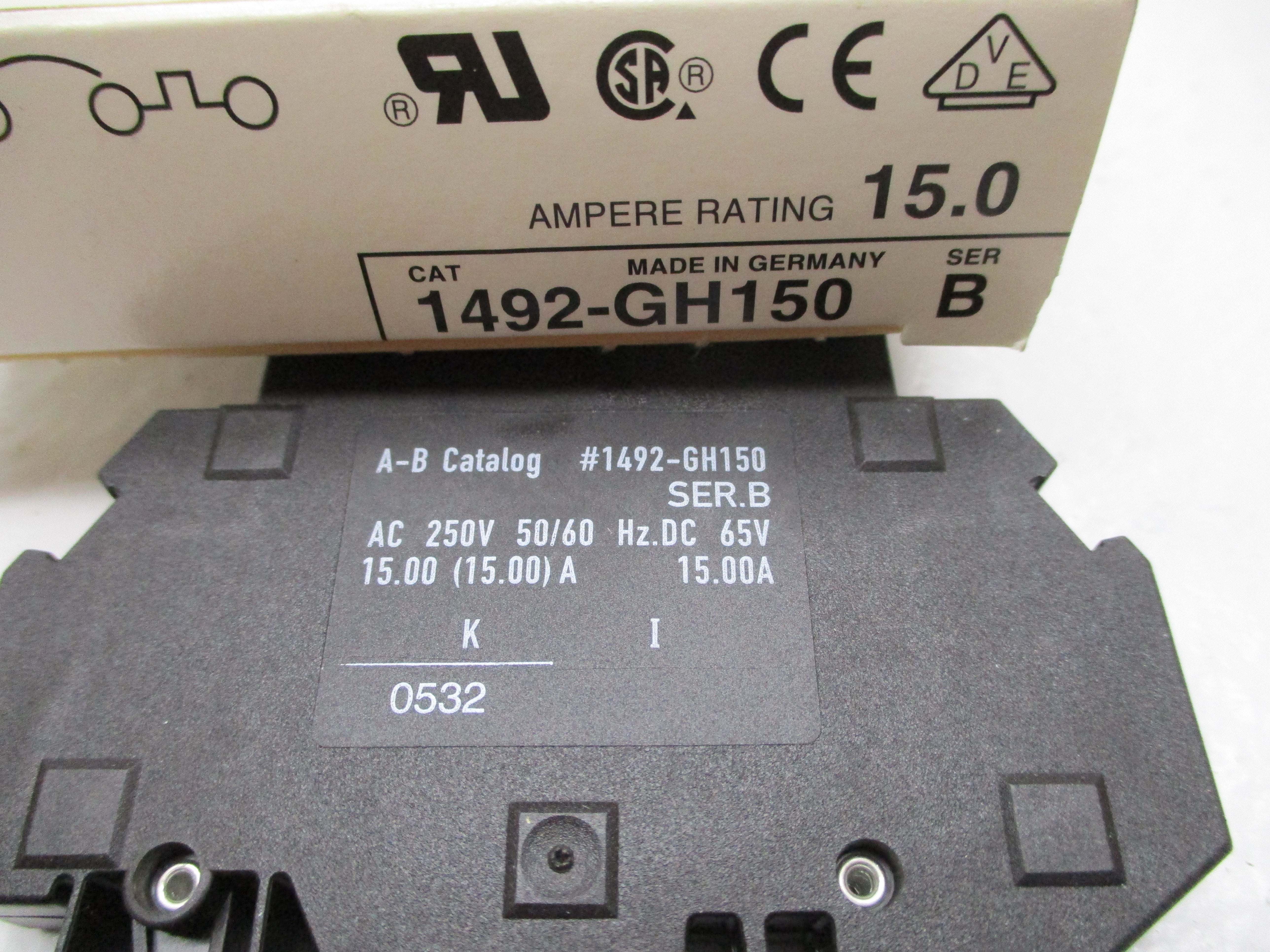 ALLEN BRADLEY 1492-GH150 CIRCUIT BREAKER SER.B 15A 250V NSMP