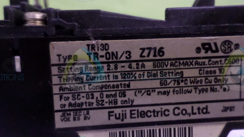 FUJI ELECTRIC TR-ON/3 OVERLOAD RELAY 2.8-4.2A *USED*