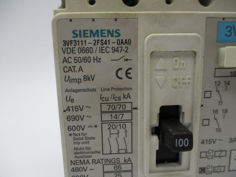 SIEMENS 3VF3111-2FS41-0AA0 CIRCUIT BREAKER 100A 415/600V UNMP