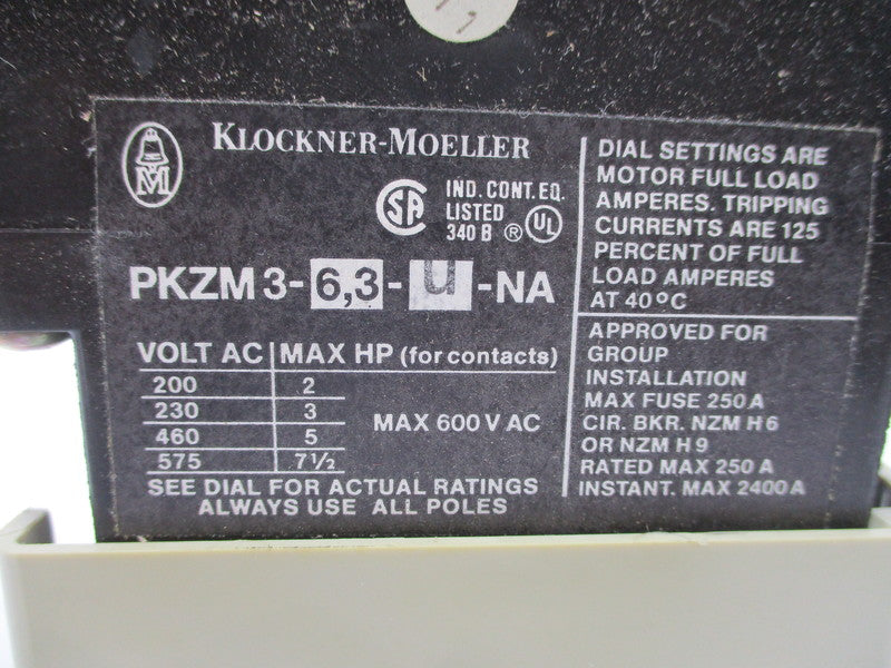 KLOCKNER MOELLER PKZM3-6,3-U-NA 600VAC NSNP