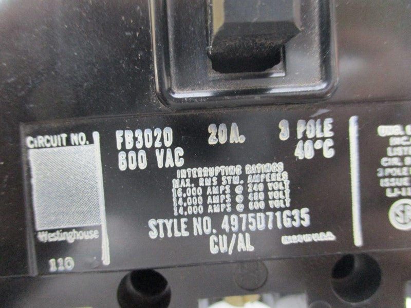 WESTINGHOUSE FB3020 20A 600VAC NSNP