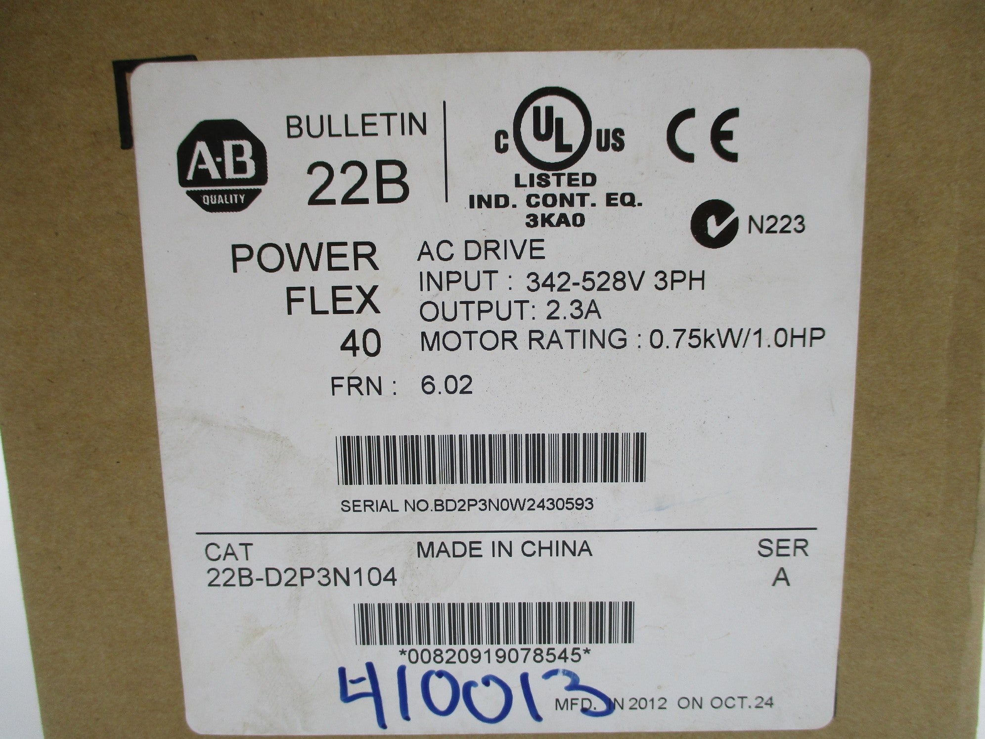 ALLEN BRADLEY 22B-D2P3N104 SER. A F/W: 6.02 NSMP