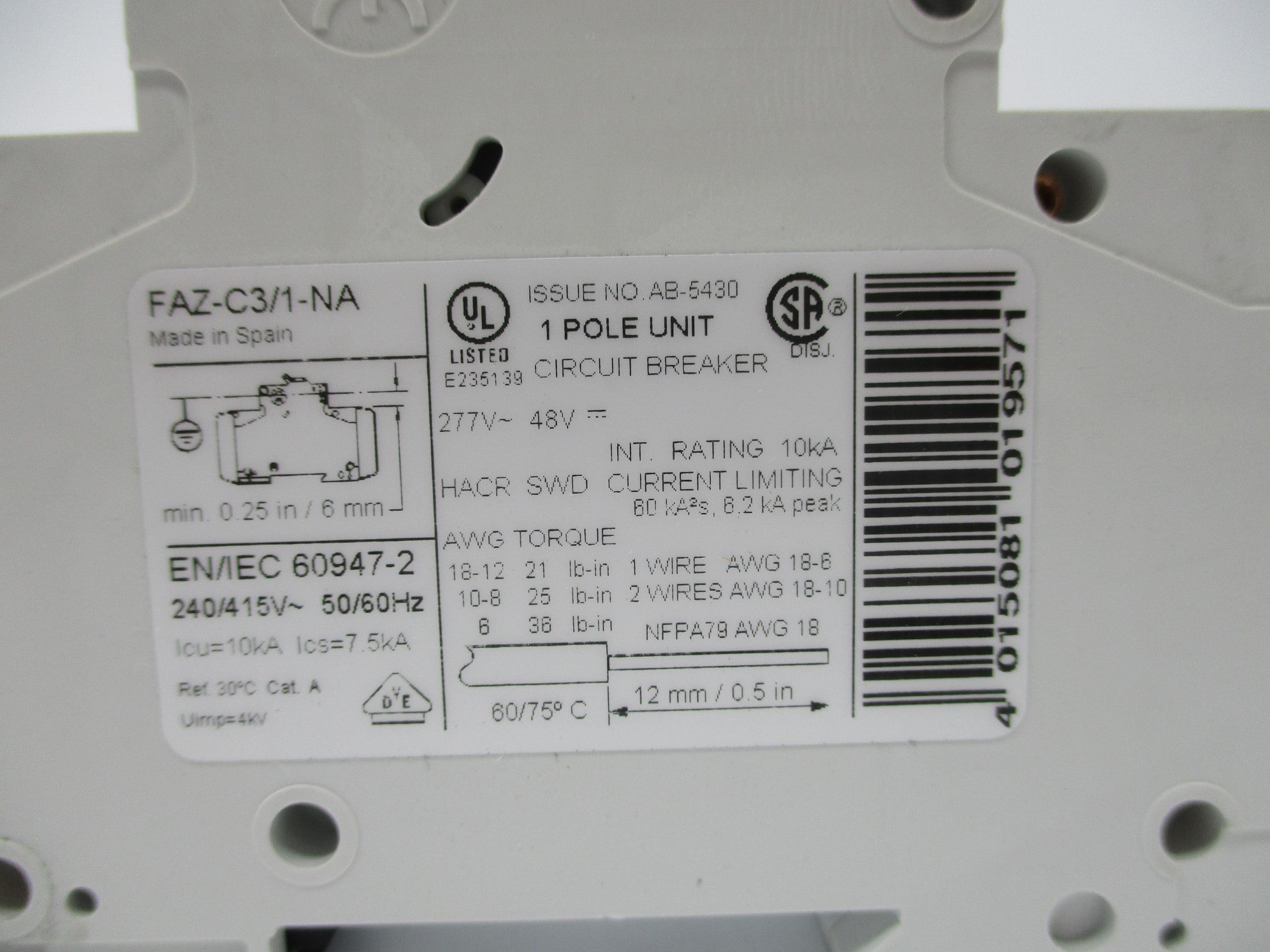 KLOCKNER MOELLER FAZ-C3/1-NA 3A 277V NSNP