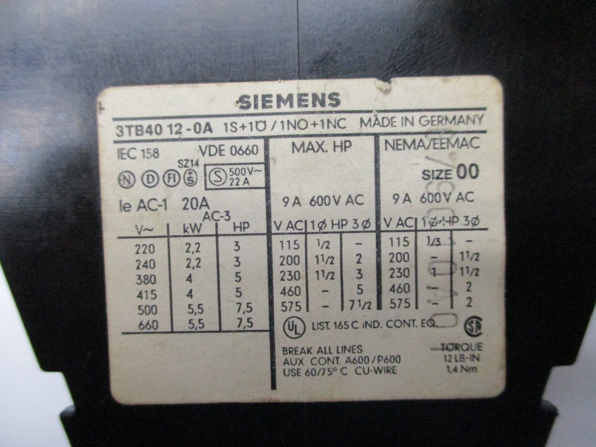 SIEMENS 3TB4012-0A 110V UNMP