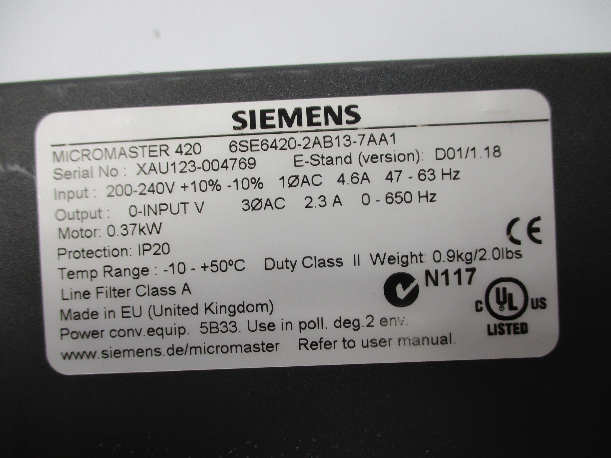SIEMENS 6SE6420-2AB13-7AA1 UNMP