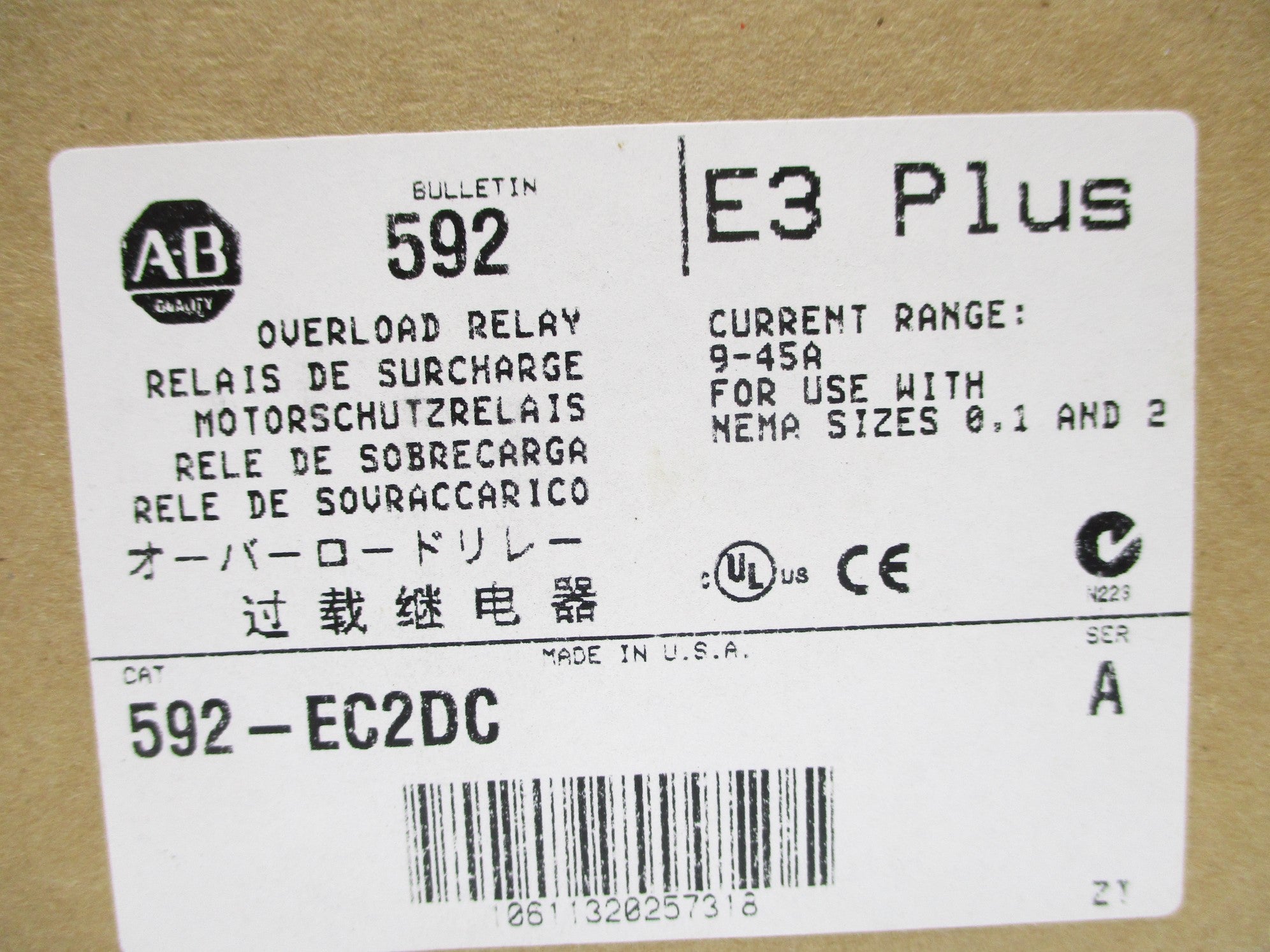 ALLEN BRADLEY 592-EC2DC SER. A 9-45A 24V (BR/WH) NSMP