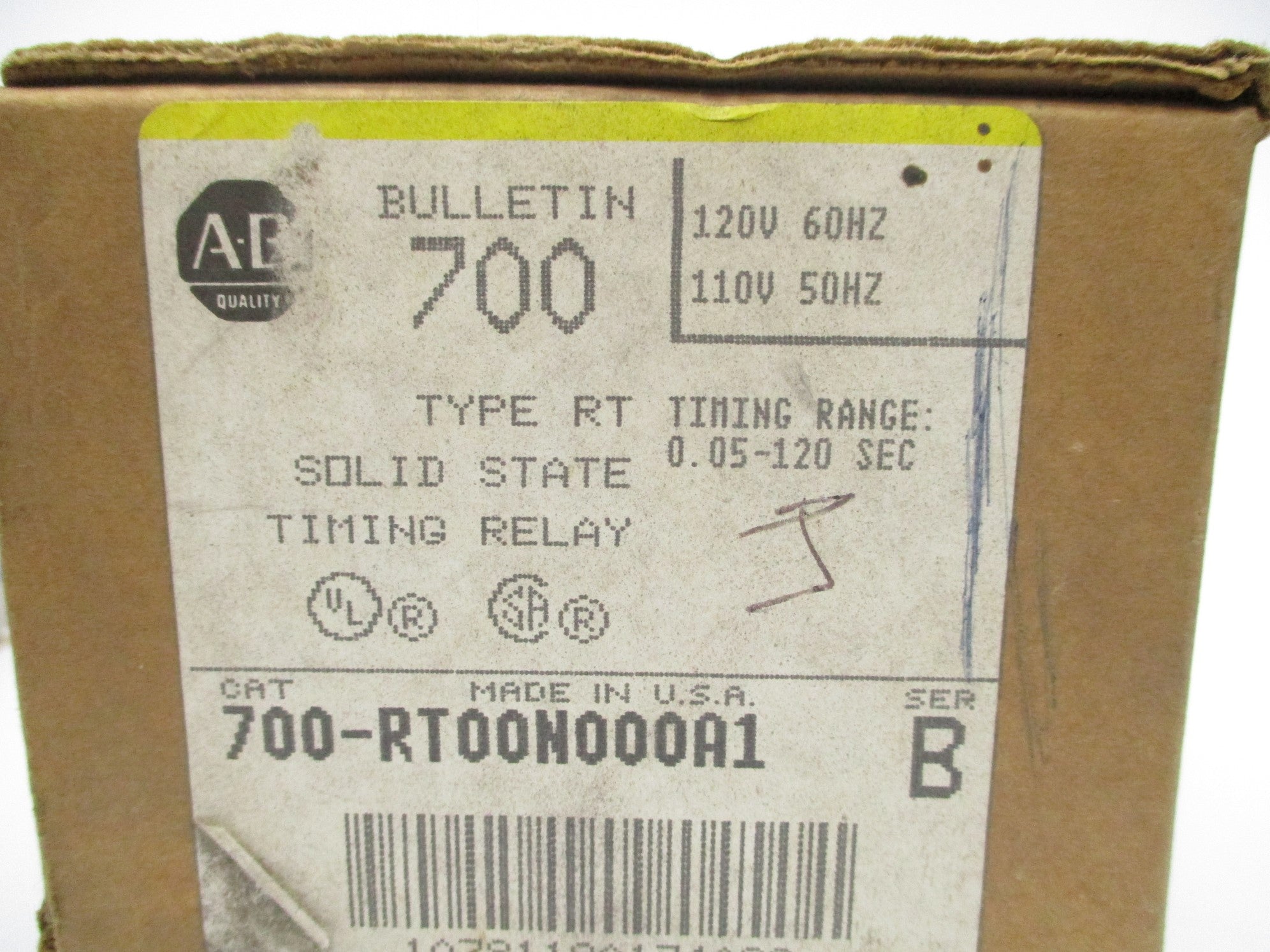 ALLEN BRADLEY 700-RT00N000A1 SER. B 110-120VAC 30A 0.05-120S (BR/YL) NSMP
