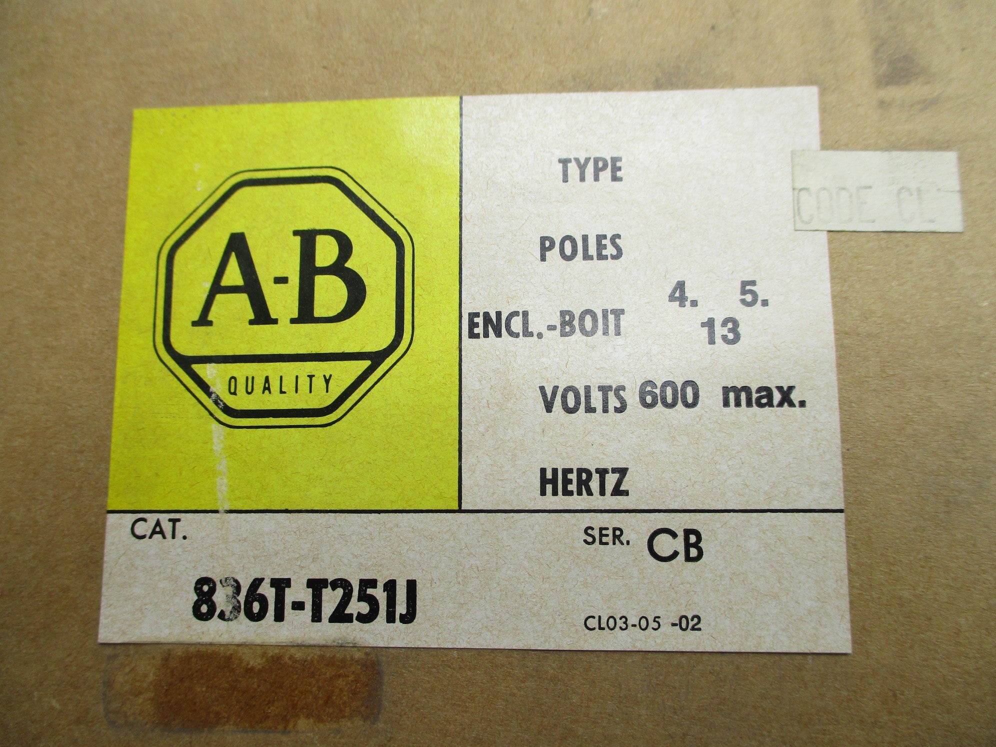 ALLEN BRADLEY 836T-T251J SER. CB (BR/YL) NSMP