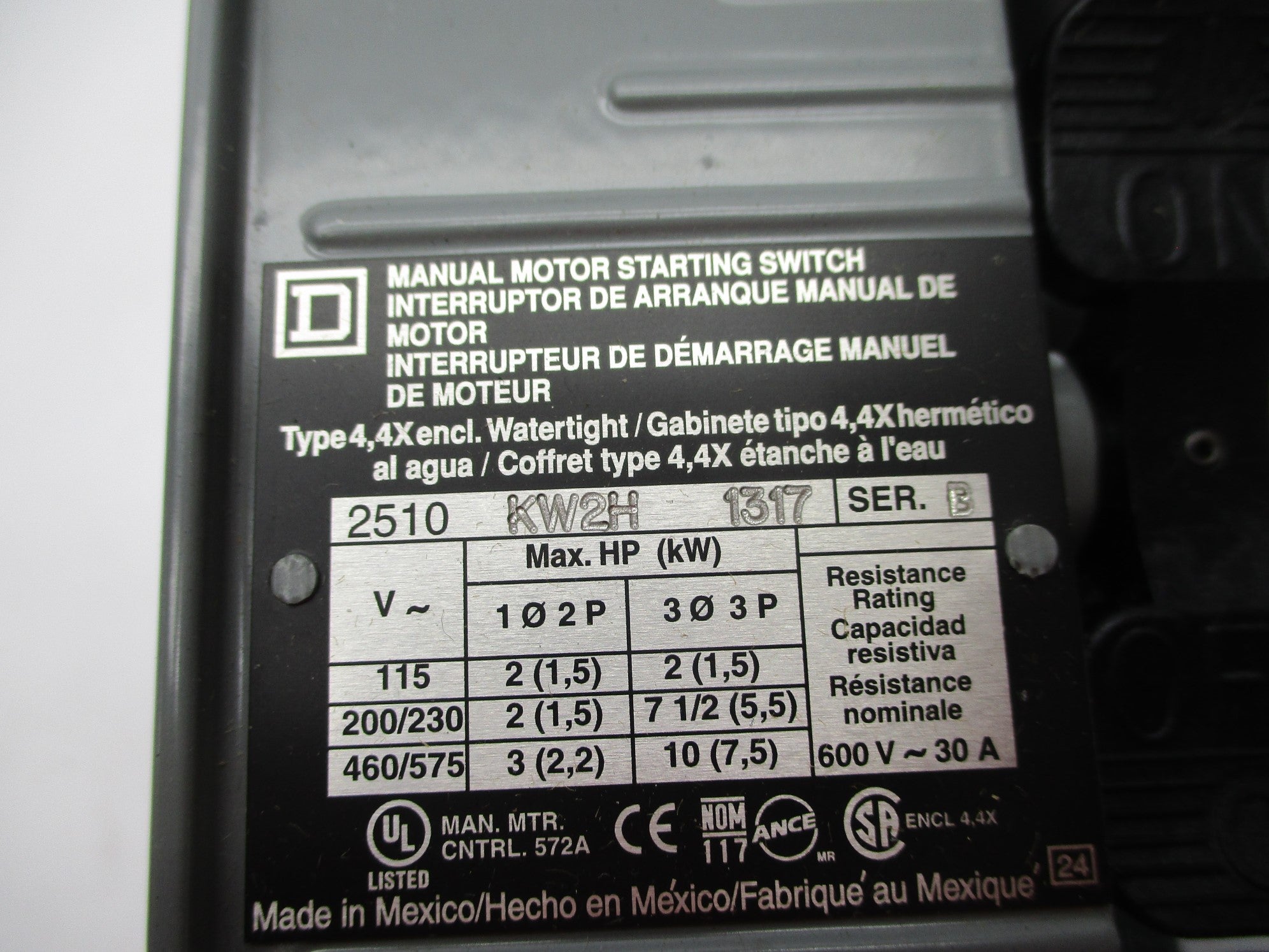 SQUARE D 2510KW2H1317 SER. B NSNP