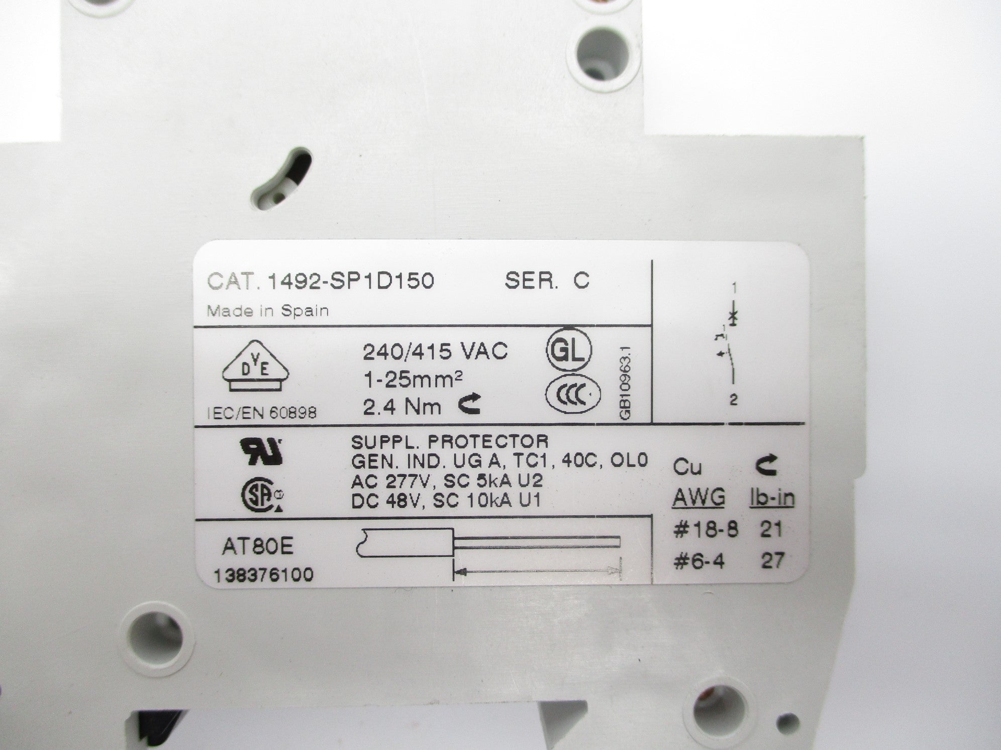 ALLEN BRADLEY 1492-SP1D150 SER. C 15A 277V NSNP