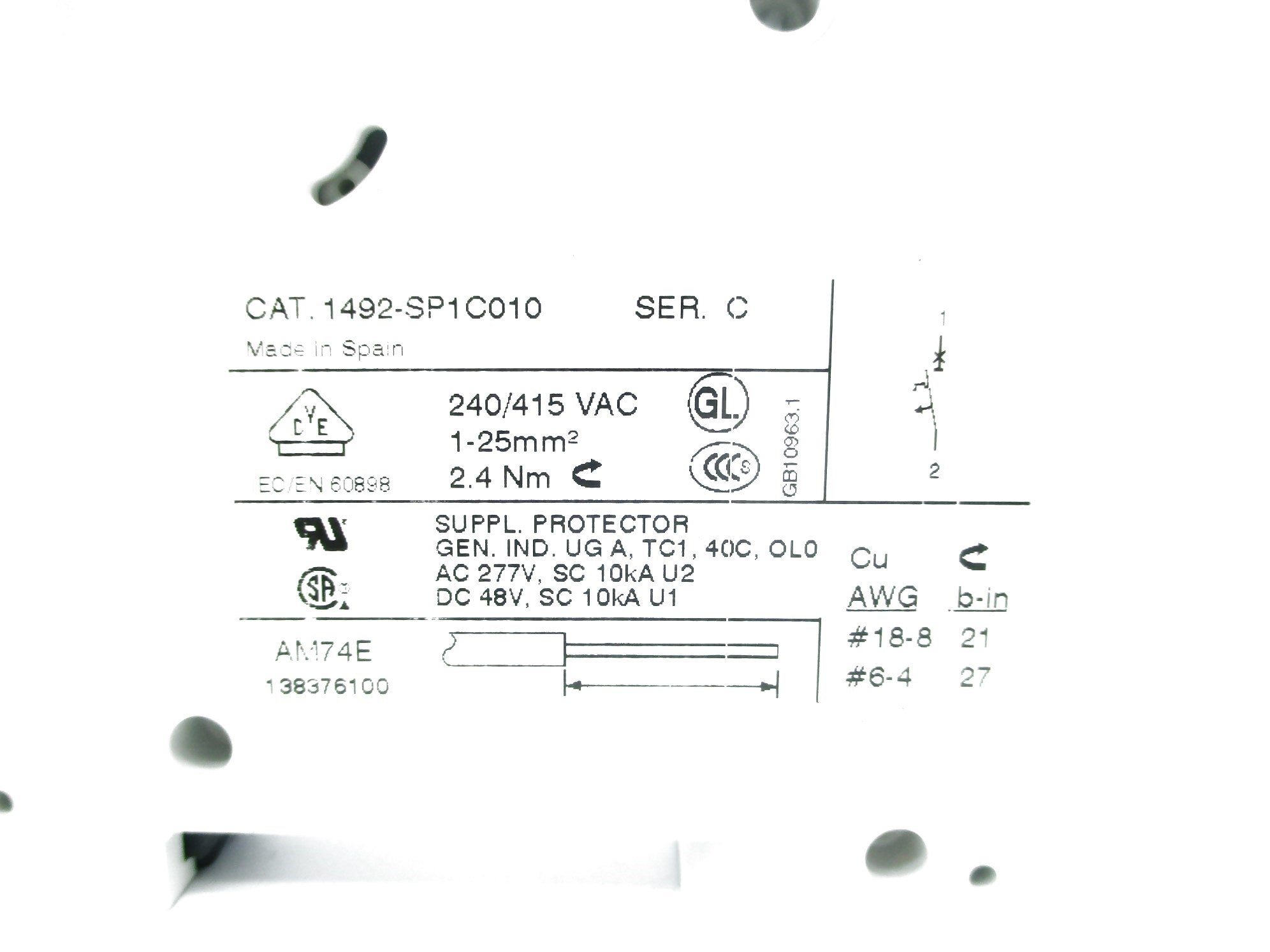 ALLEN BRADLEY 1492-SP1C010 SER. C 1A 277V NSNP