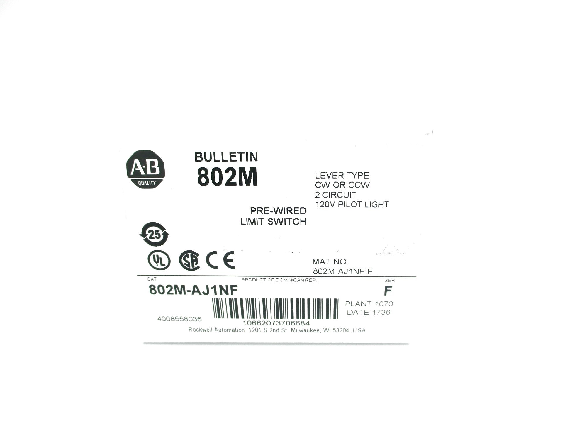 ALLEN BRADLEY 802M-AJ1NF SER. F 120V 60A (WH) NSMP