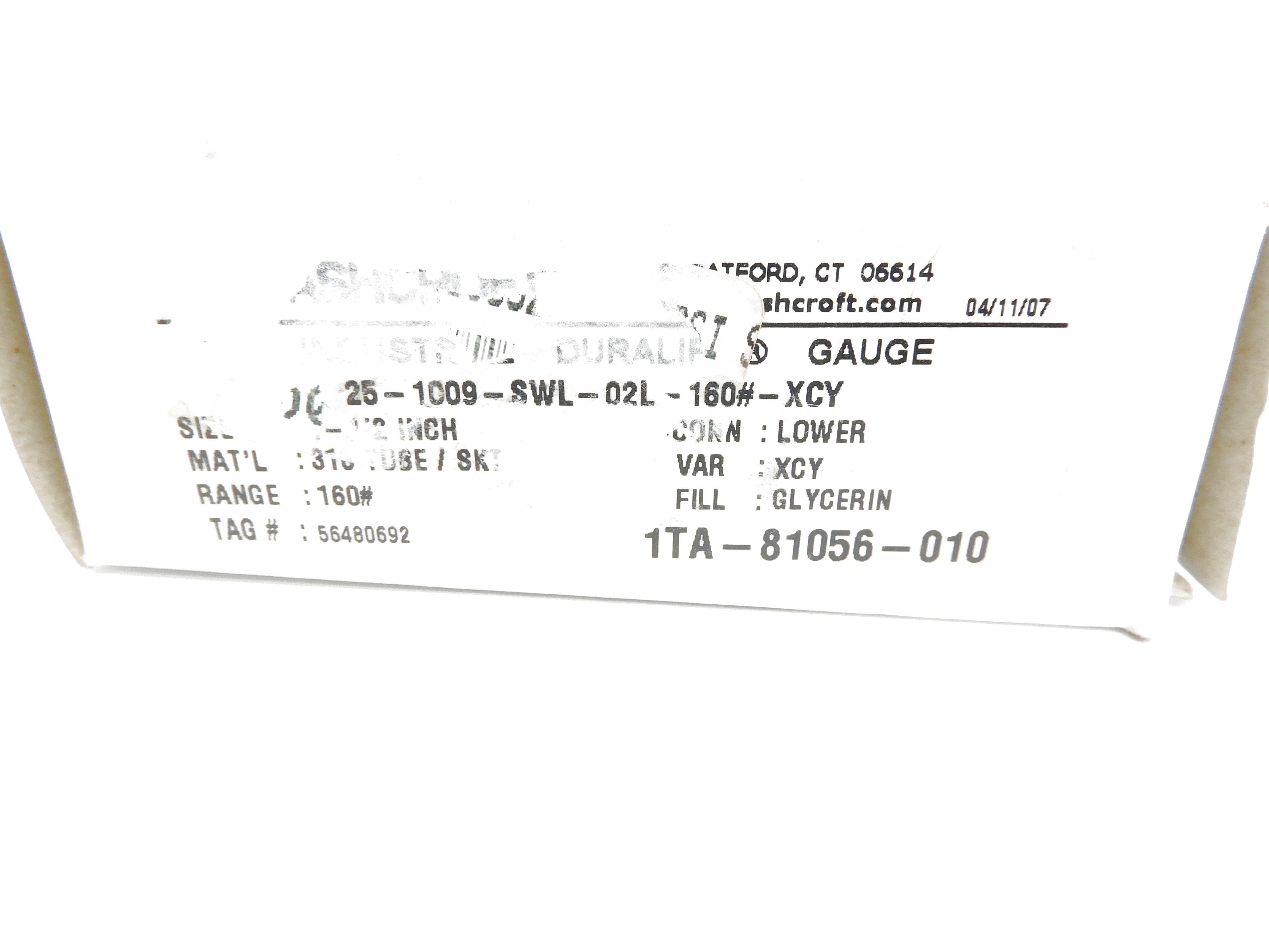 ASHCROFT 25-1009-SWL-02L-160#-XCY 0-160PSI NSMP