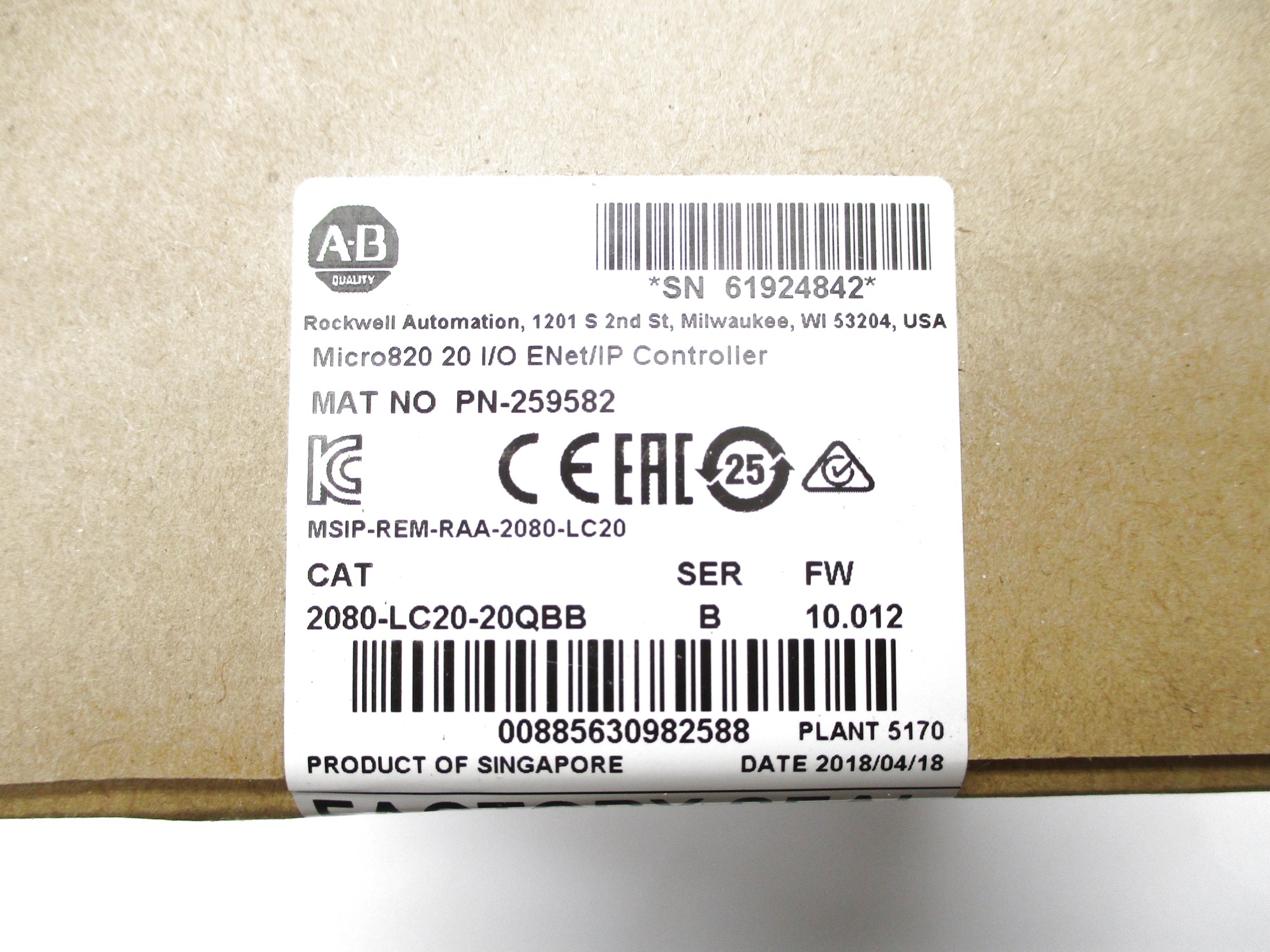 ALLEN BRADLEY 2080-LC20-20QBB SER. B F/W 10.012 DATE: 2018 NSFS