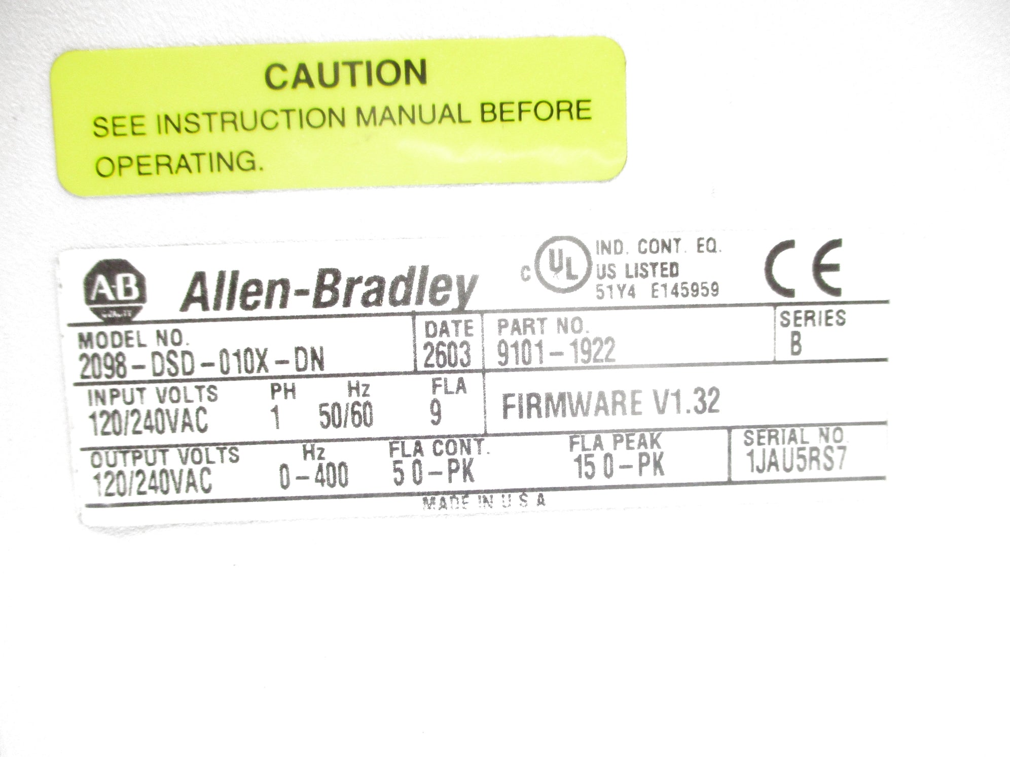 ALLEN BRADLEY 2098-DSD-010X-DN SER. B F/W V1.32 UNMP