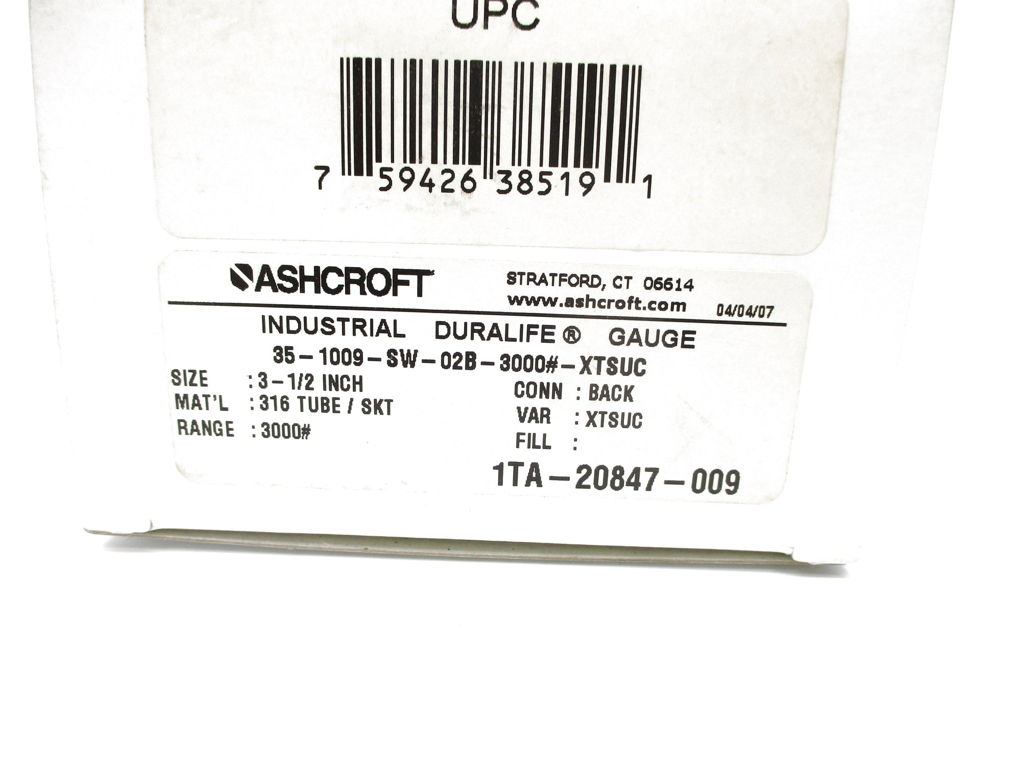 ASHCROFT 35-1009-SW-02B-3000#-XTSUC 0-3000PSI NSMP