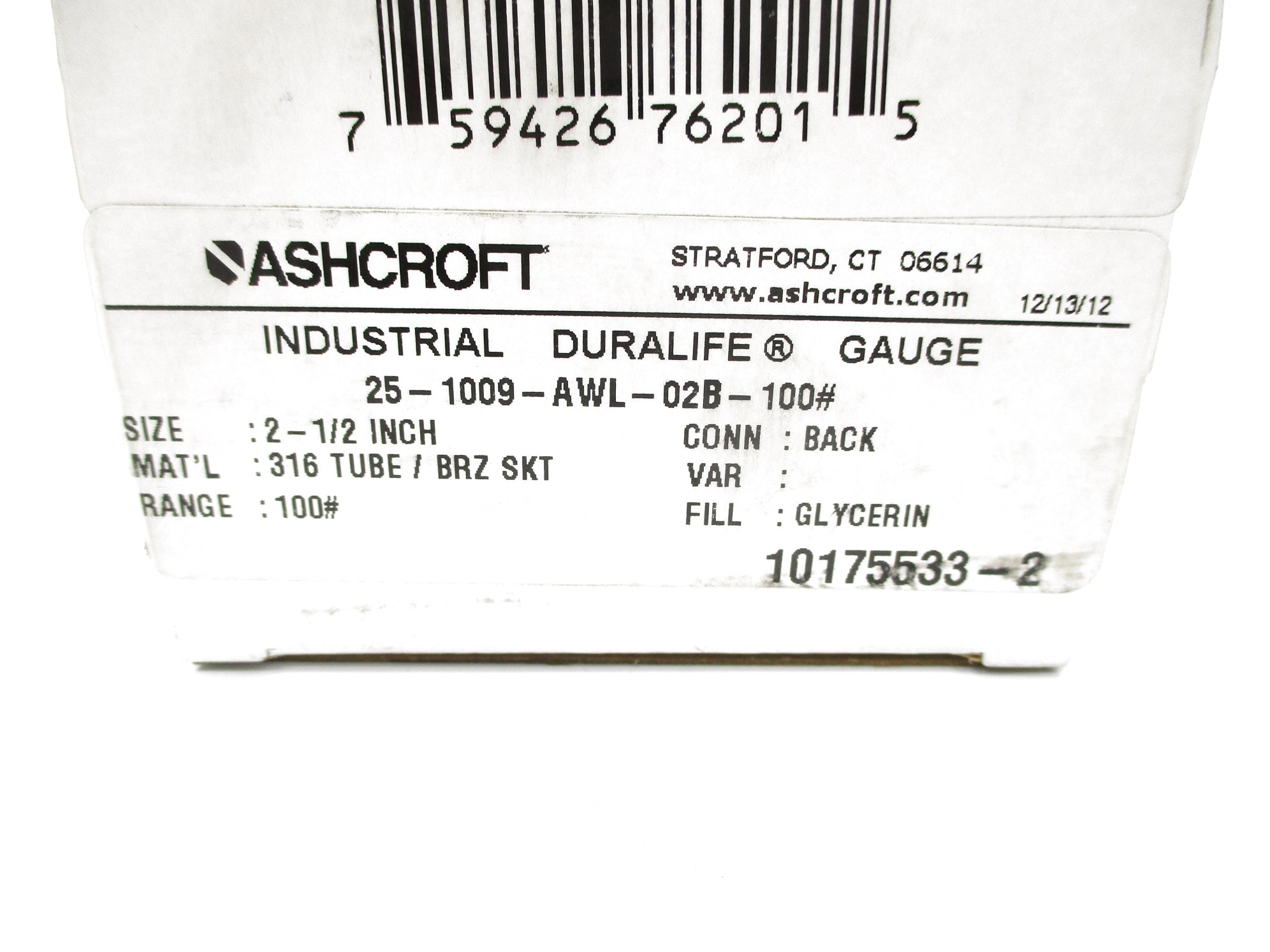 ASHCROFT 25-1009-AWL-02B-100# 0-100PSI NSMP