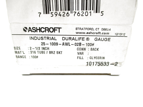 ASHCROFT 25-1009-AWL-02B-100# 0-100PSI NSMP