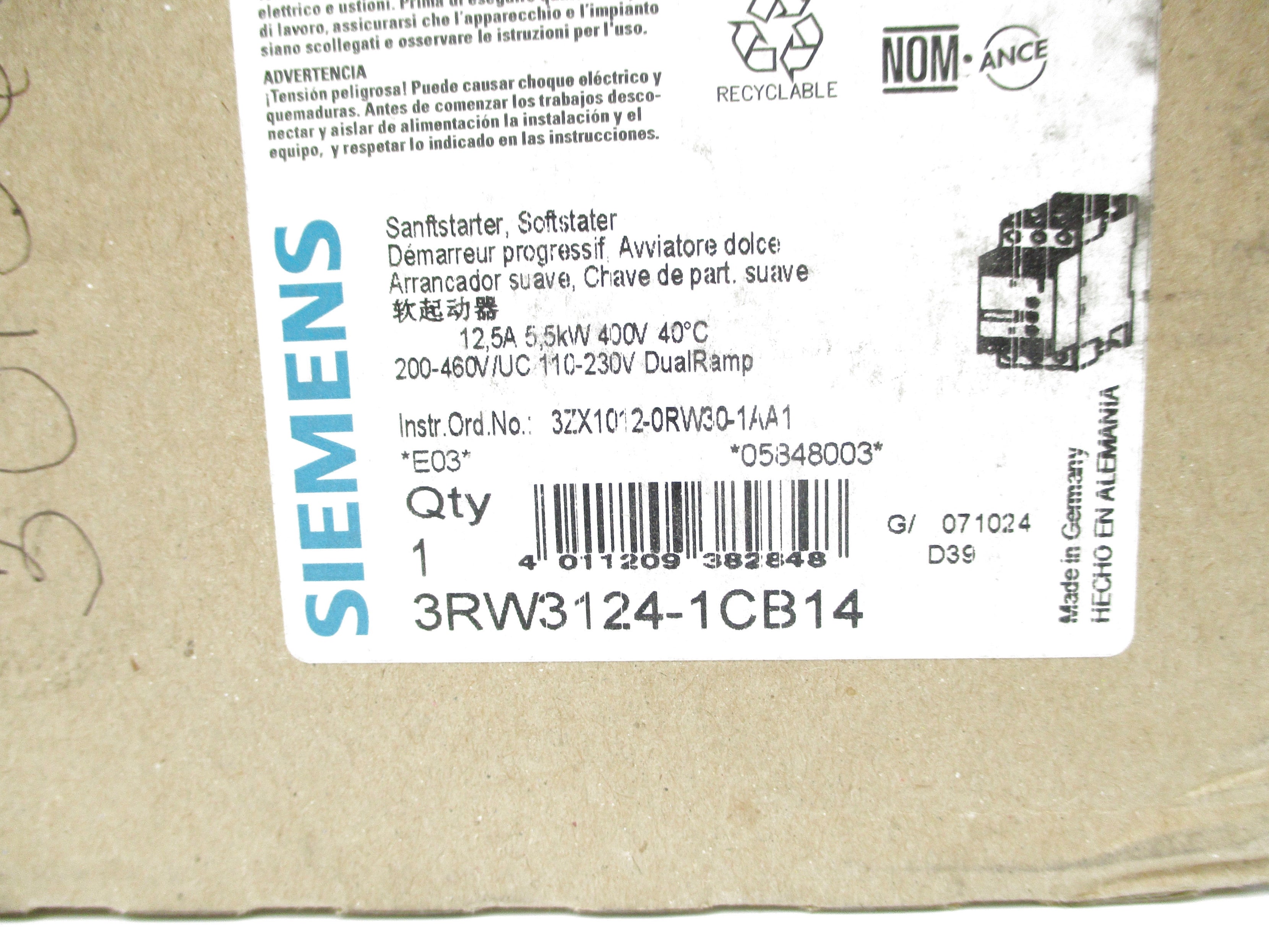 SIEMENS 3RW3124-1CB14 200-460V 12.5A NSMP
