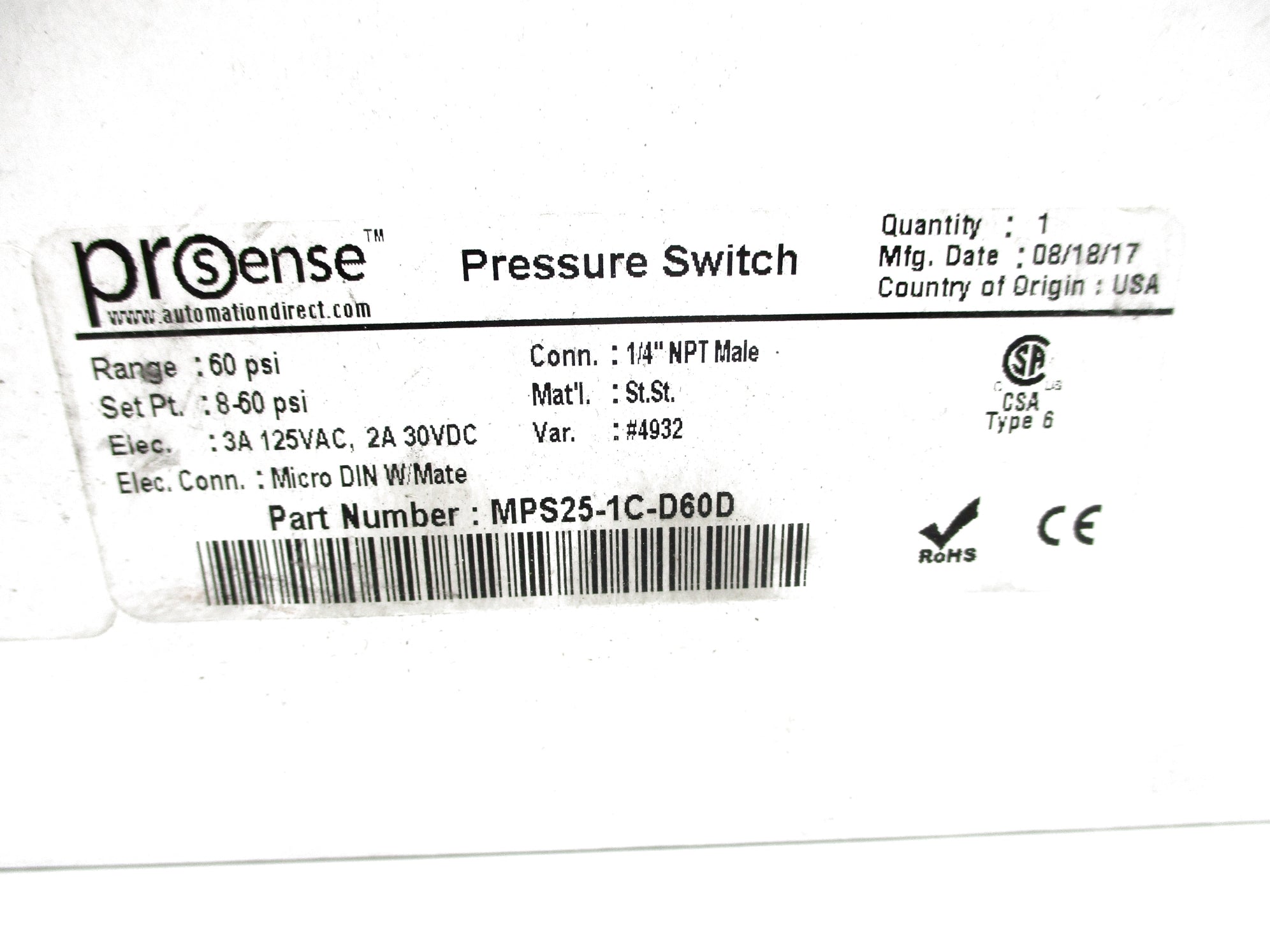 PROSENSE MPS25-1C-D60D 60PSI NSMP