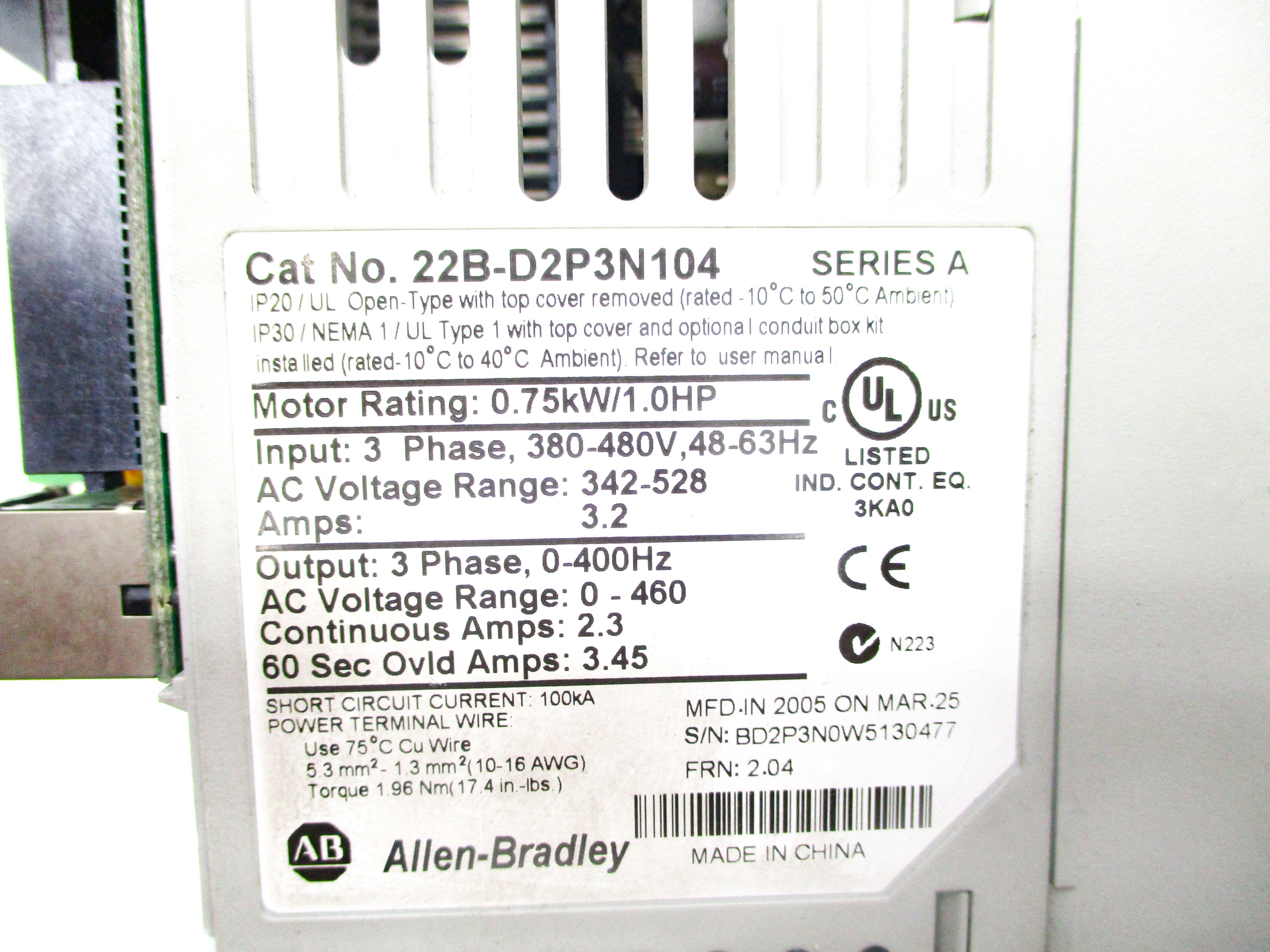 ALLEN BRADLEY 22B-D2P3N104 SER. A F/W 2.04 UNMP