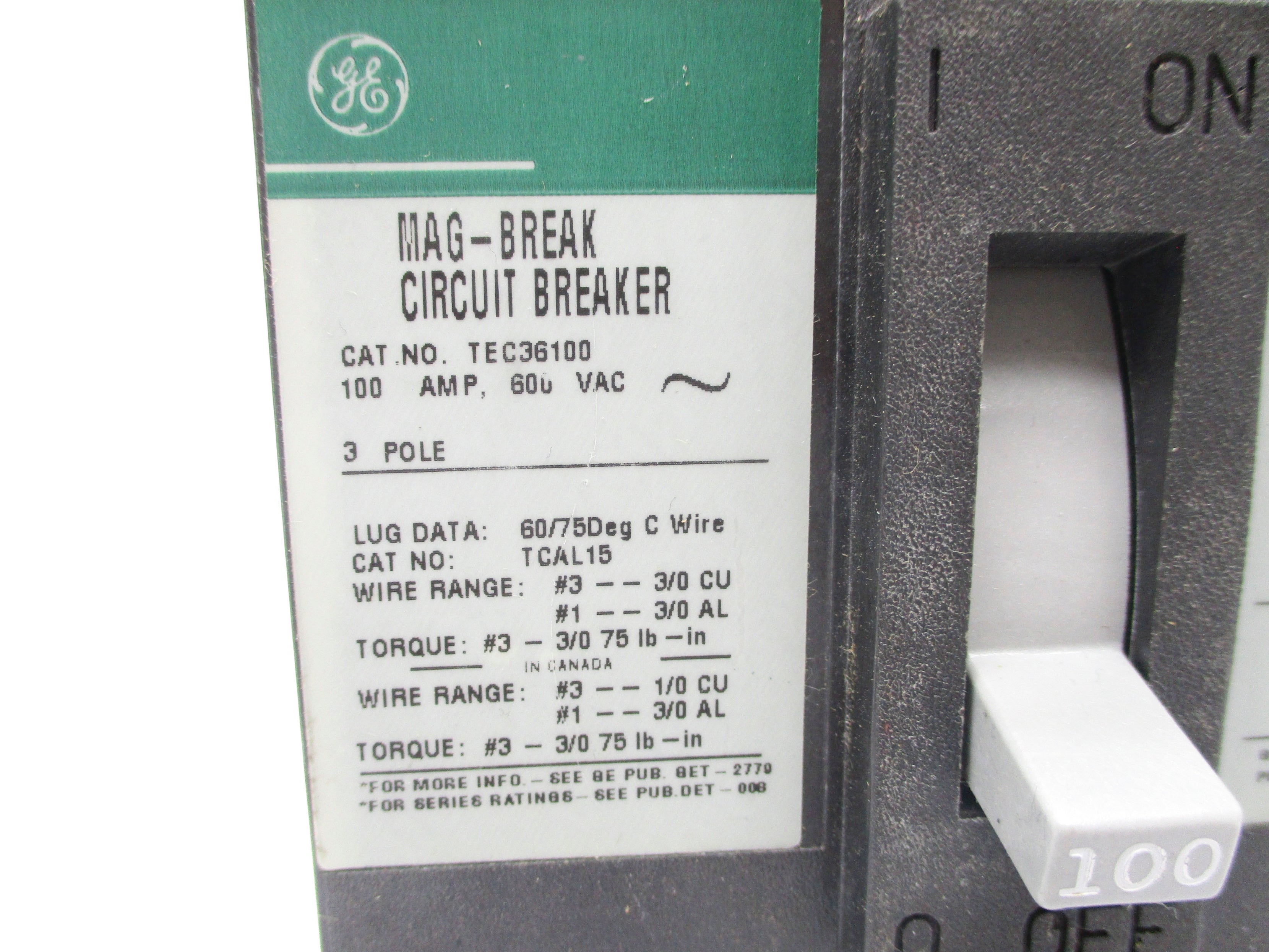 GENERAL ELECTRIC TEC36100 100A 600VAC UNMP