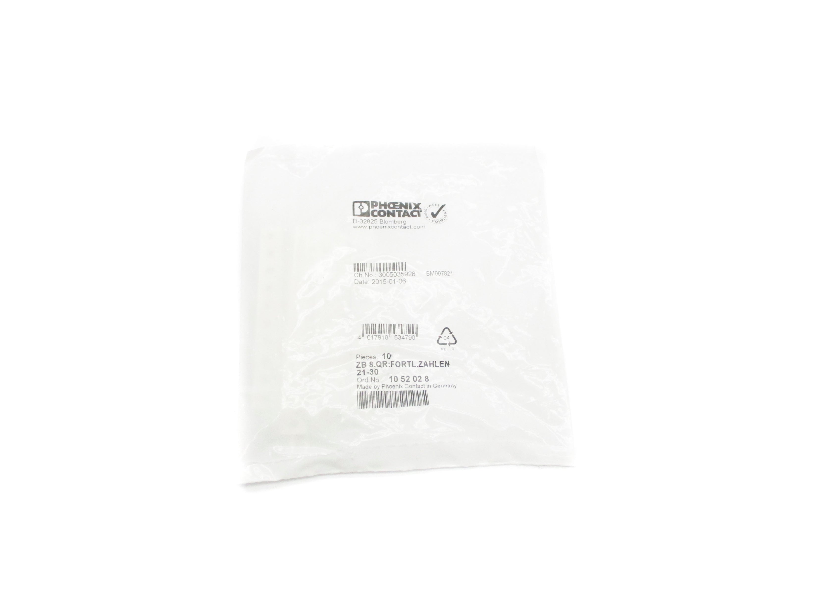PHOENIX CONTACT ZB8,QR:FORTL.ZAHLEN21-30 (PKG OF 10) NSMP