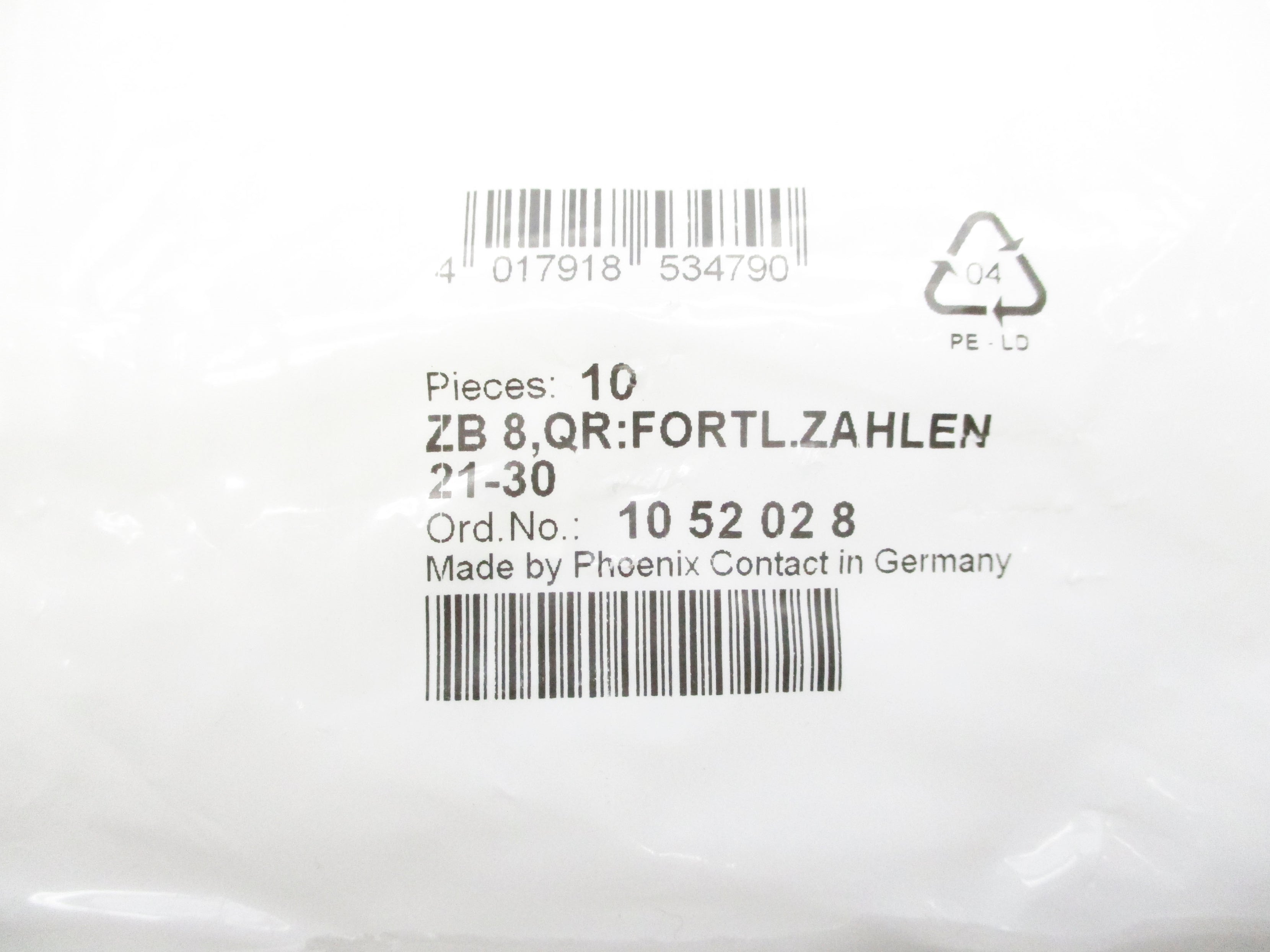 PHOENIX CONTACT ZB8,QR:FORTL.ZAHLEN21-30 (PKG OF 10) NSMP
