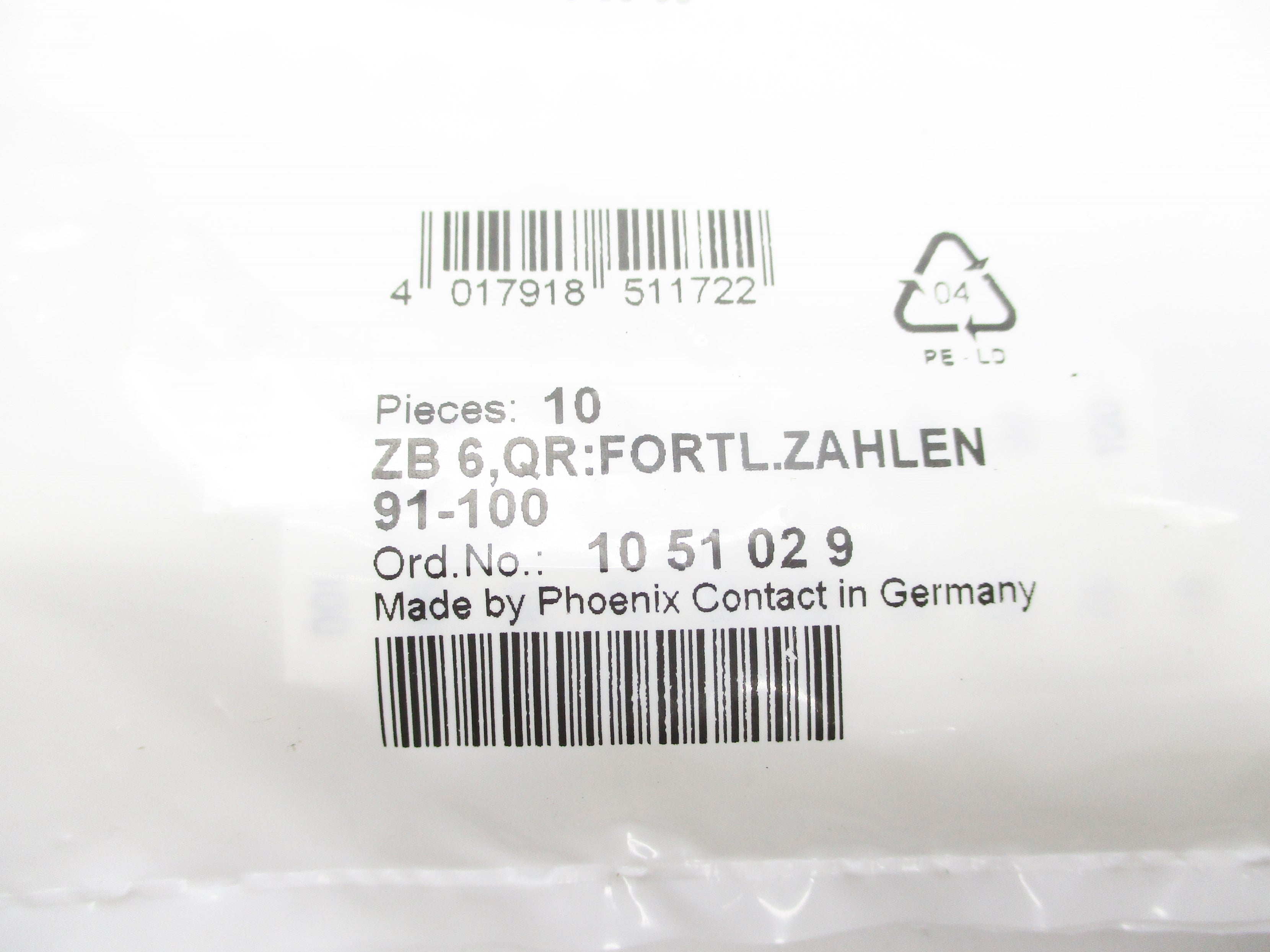 PHOENIX CONTACT ZB6,QR:FORTL.ZAHLEN91-100 (PKG OF 10) NSMP