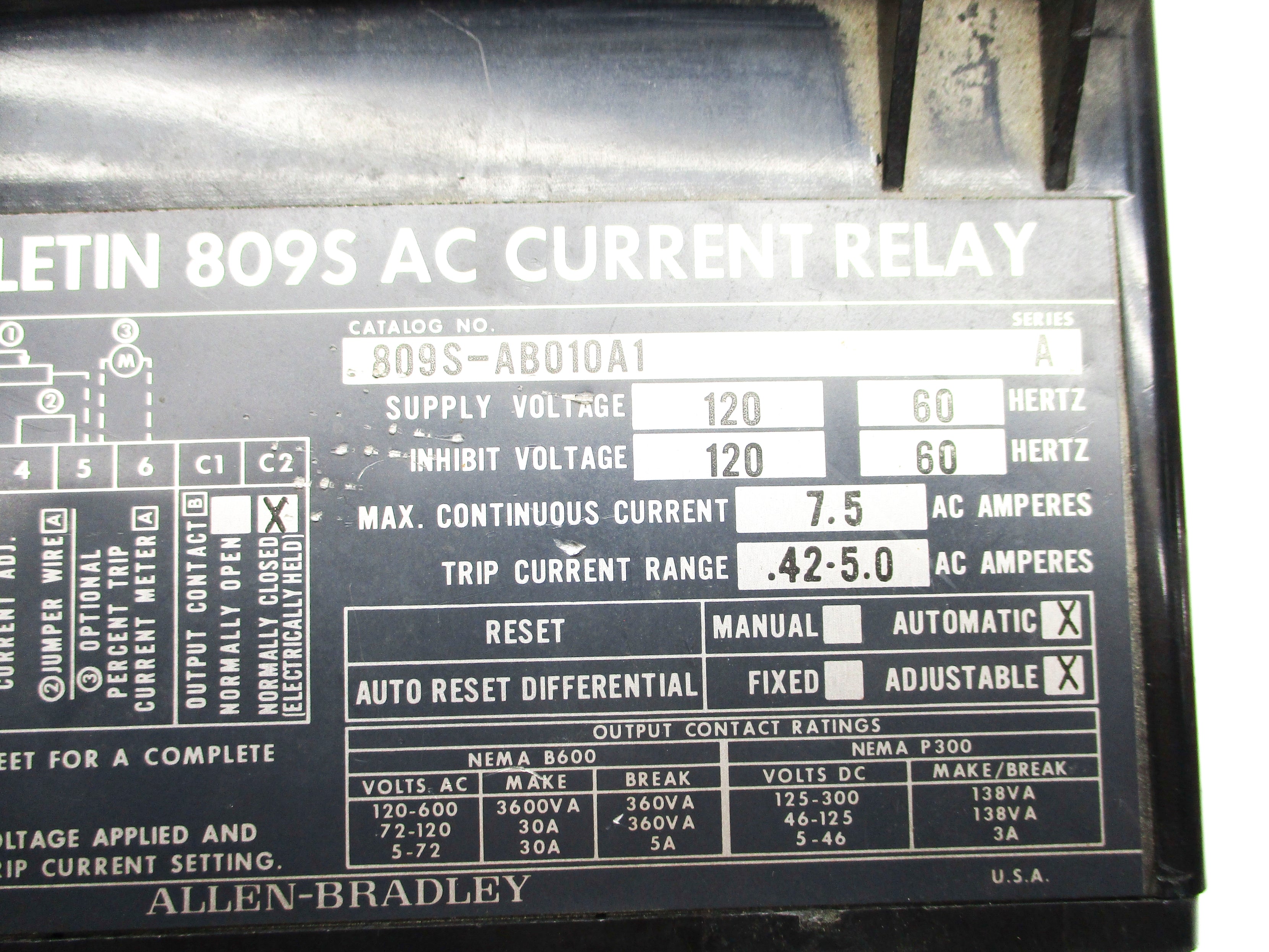 INDUSTRIAL SPARE PART 809S-AB010A1 SER. A 120VAC UNMP