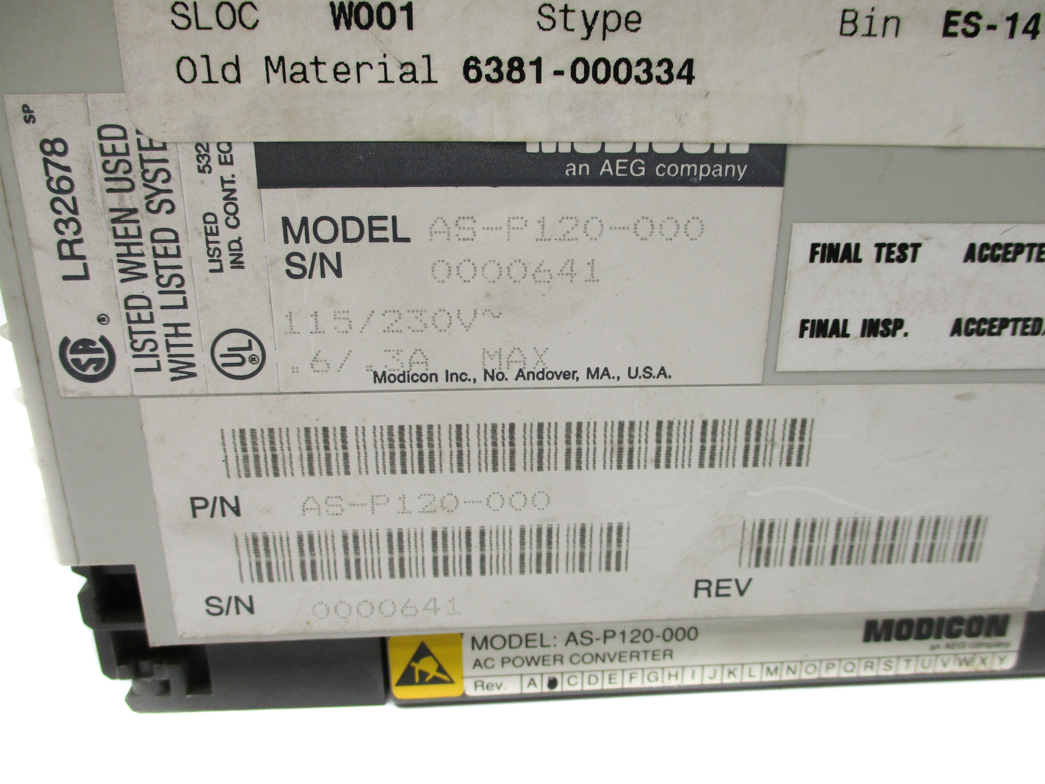 MODICON AS-P120-000 REV.B 115/230V .6/.3A UNMP