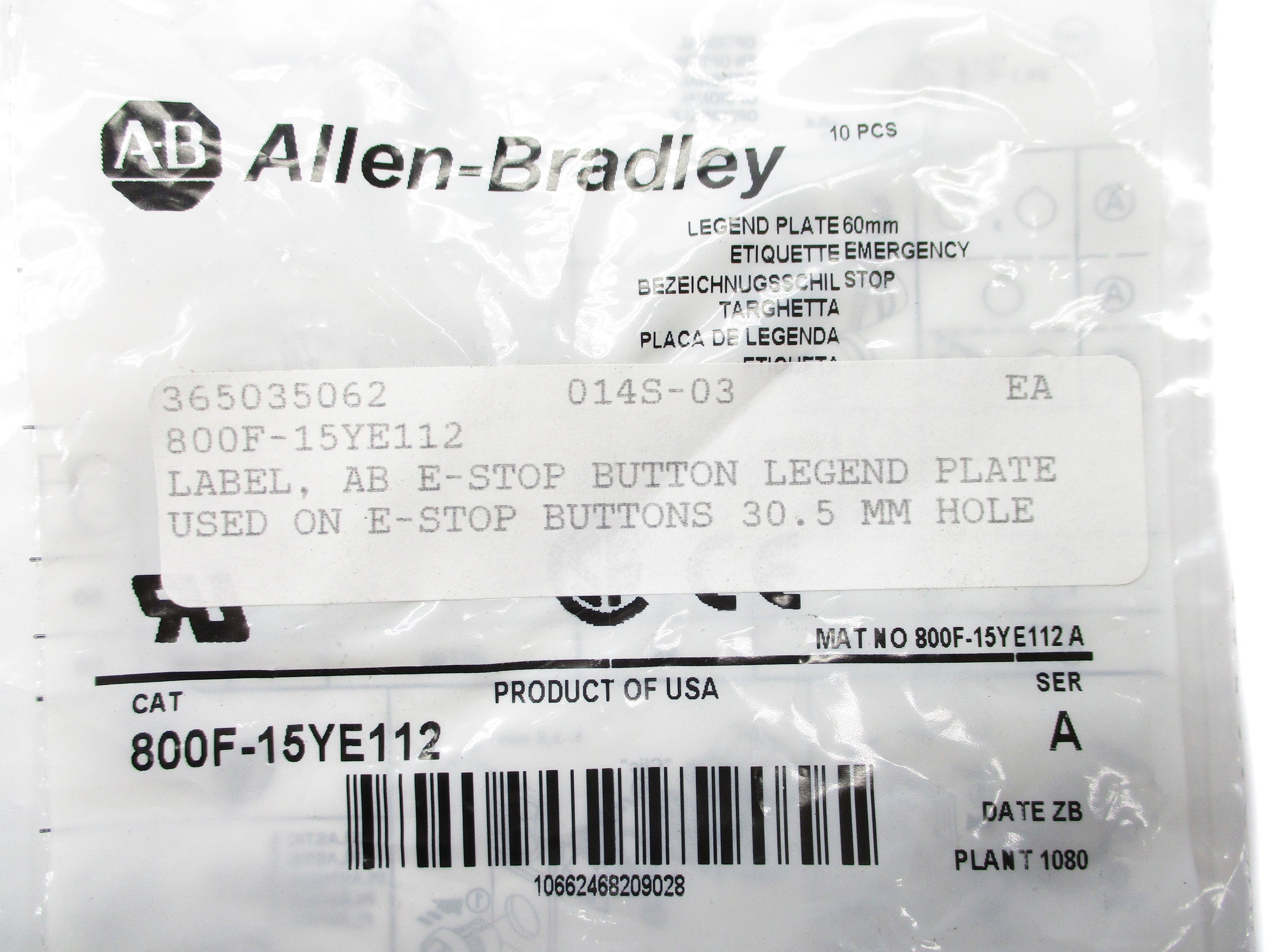 ALLEN BRADLEY 800F-15YE112 SER. A (PKG OF 10) NSMP