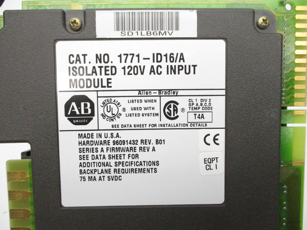 ALLEN BRADLEY 1771-ID16 SER. A F/W A 120VAC 0.075A (NO TERMINAL) UNMP