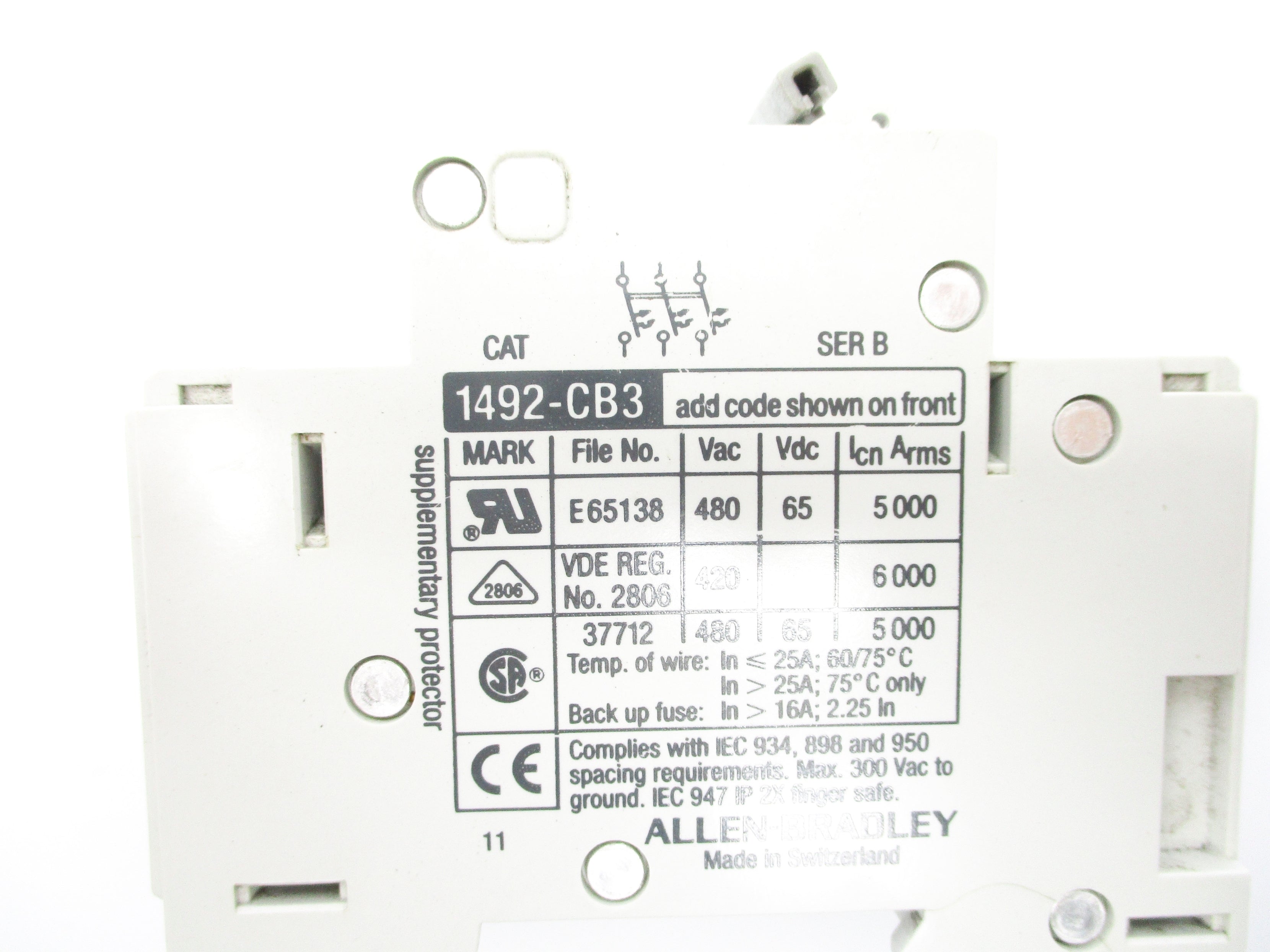 ALLEN BRADLEY 1492-CB3H200 SER. B 20A 480VAC NSNP