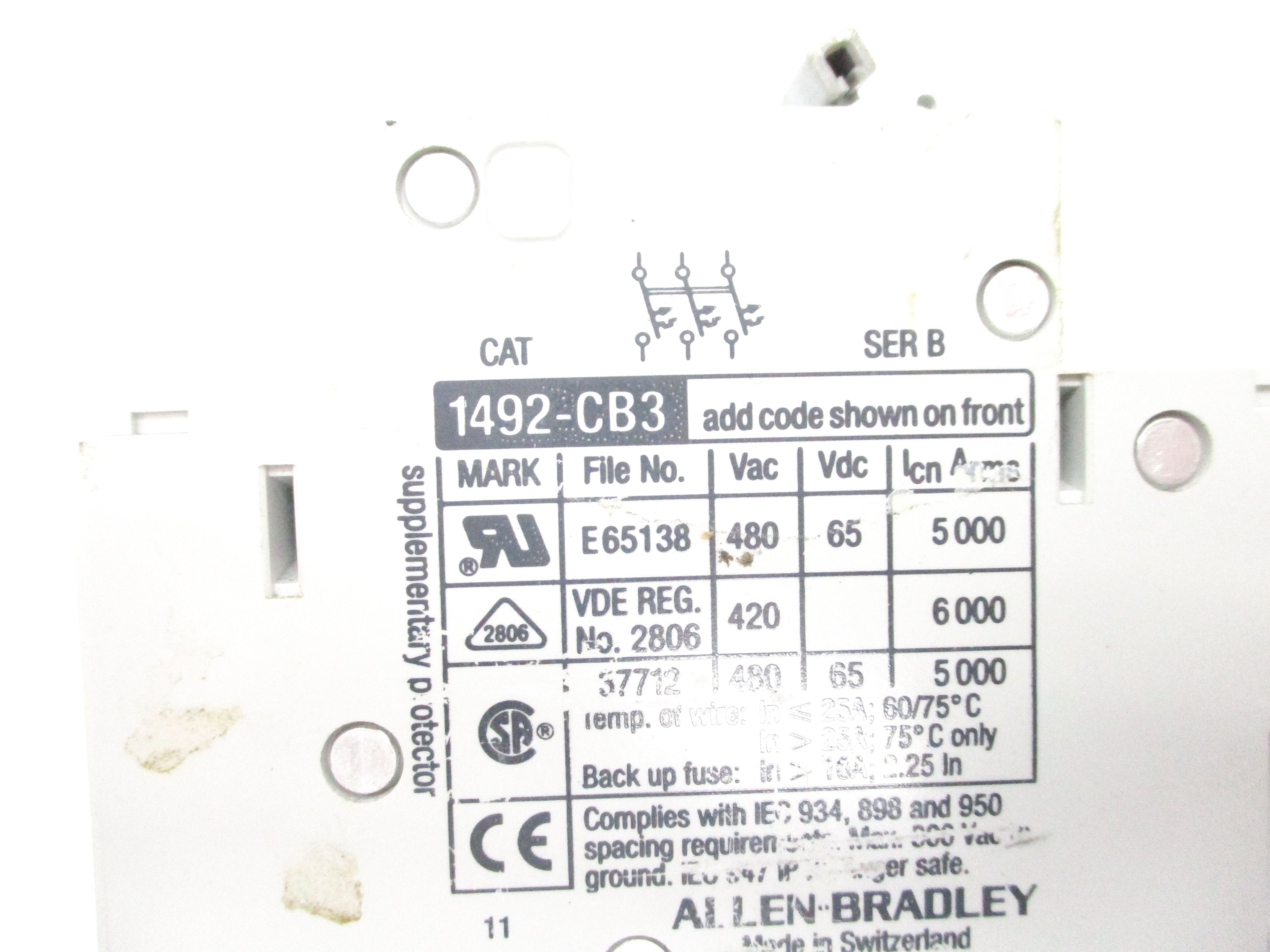 ALLEN BRADLEY 1492-CB3H300 SER. B 30A 480VAC UNMP