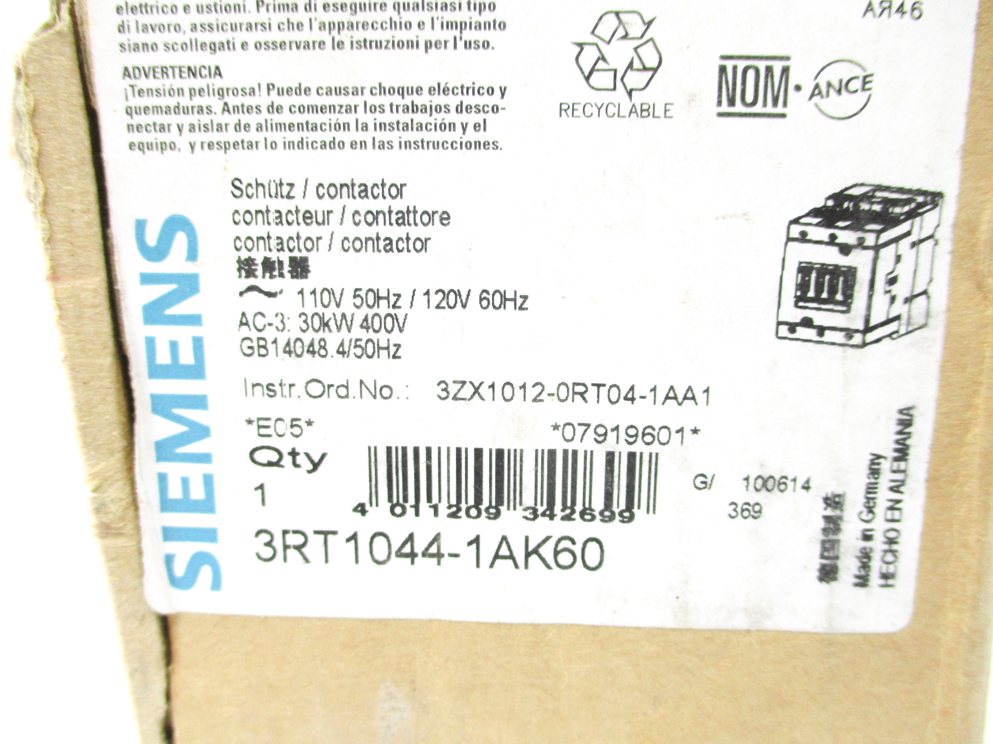 SIEMENS 3RT1044-1AK60 110/120V 100A NSMP