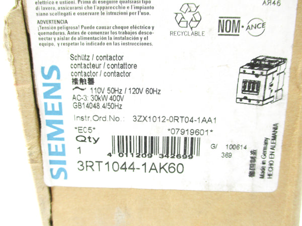 SIEMENS 3RT1044-1AK60 110/120V 100A NSMP