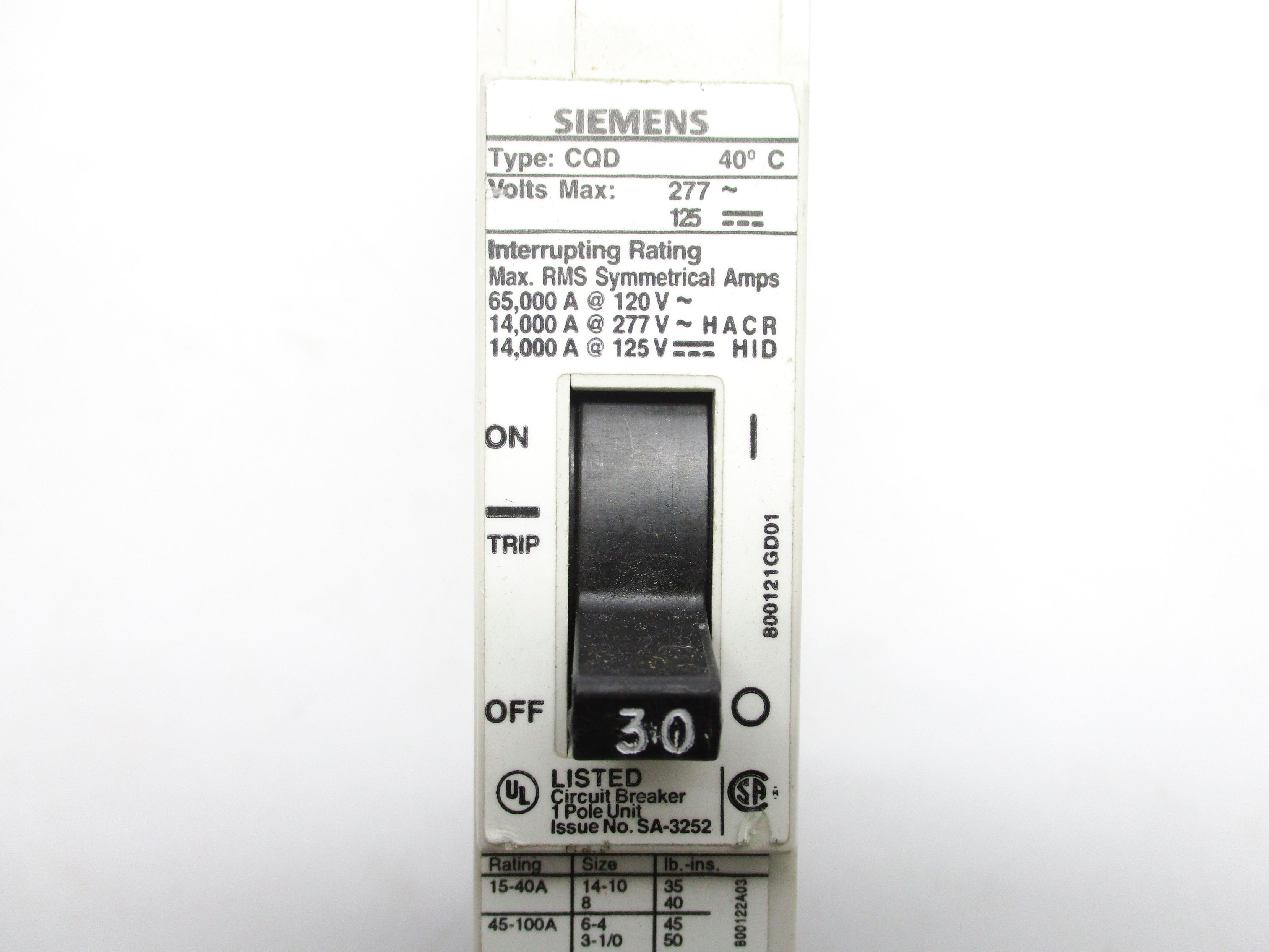SIEMENS CQD130 30A 277V UNMP