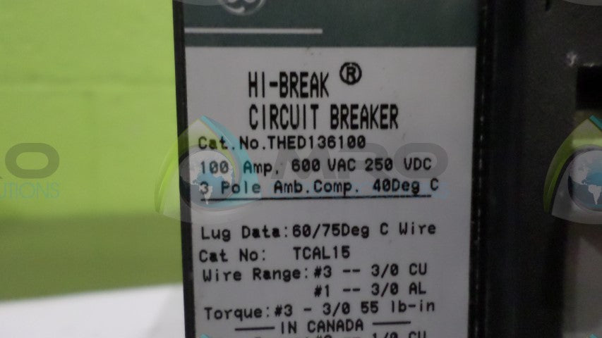 GENERAL ELECTRIC THED136100 CIRCUIT BREAKER 100A (GREEN) *USED*
