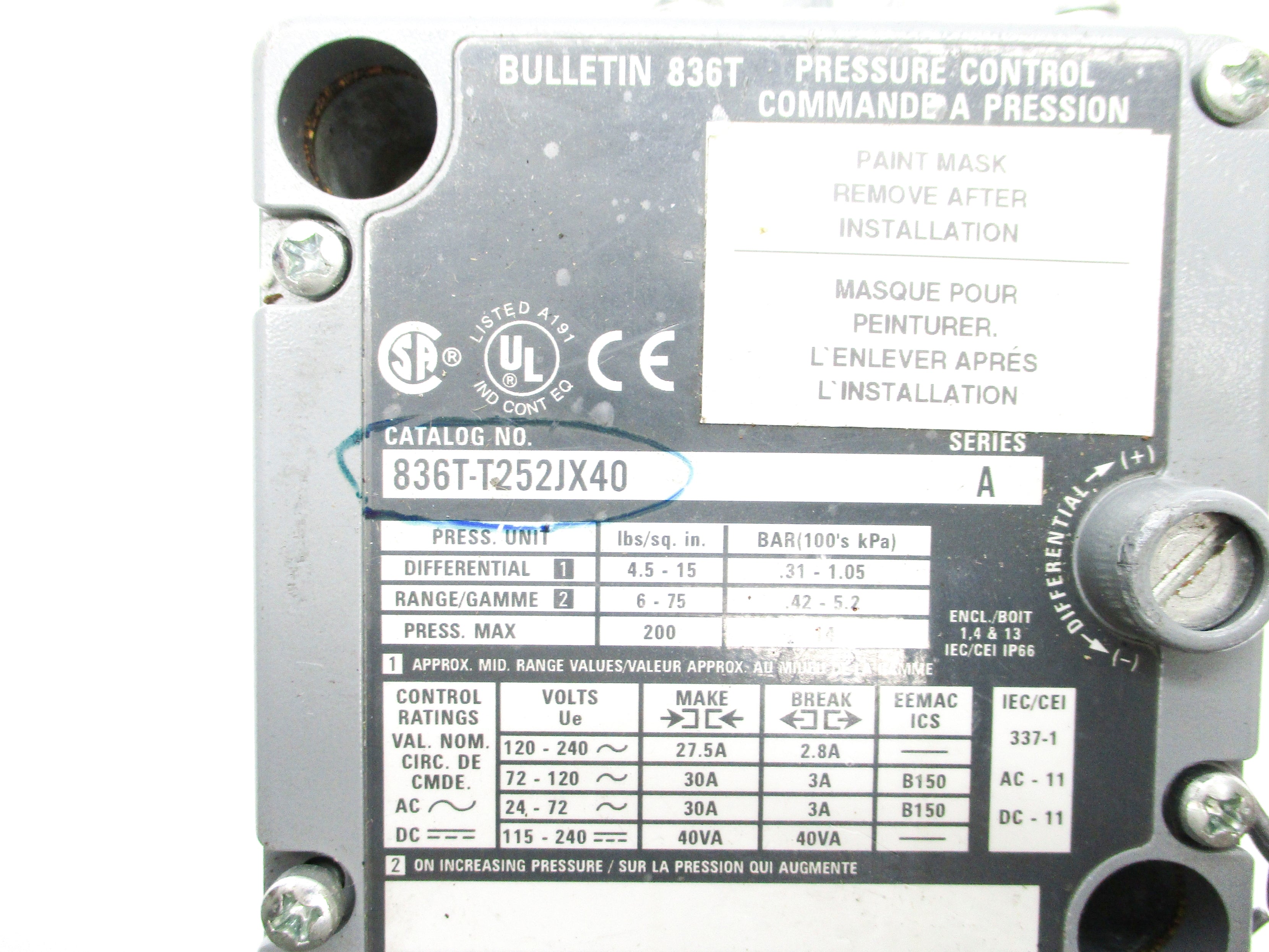 ALLEN BRADLEY 836T-T252JX40 SER. A 6-75PSI NSNP