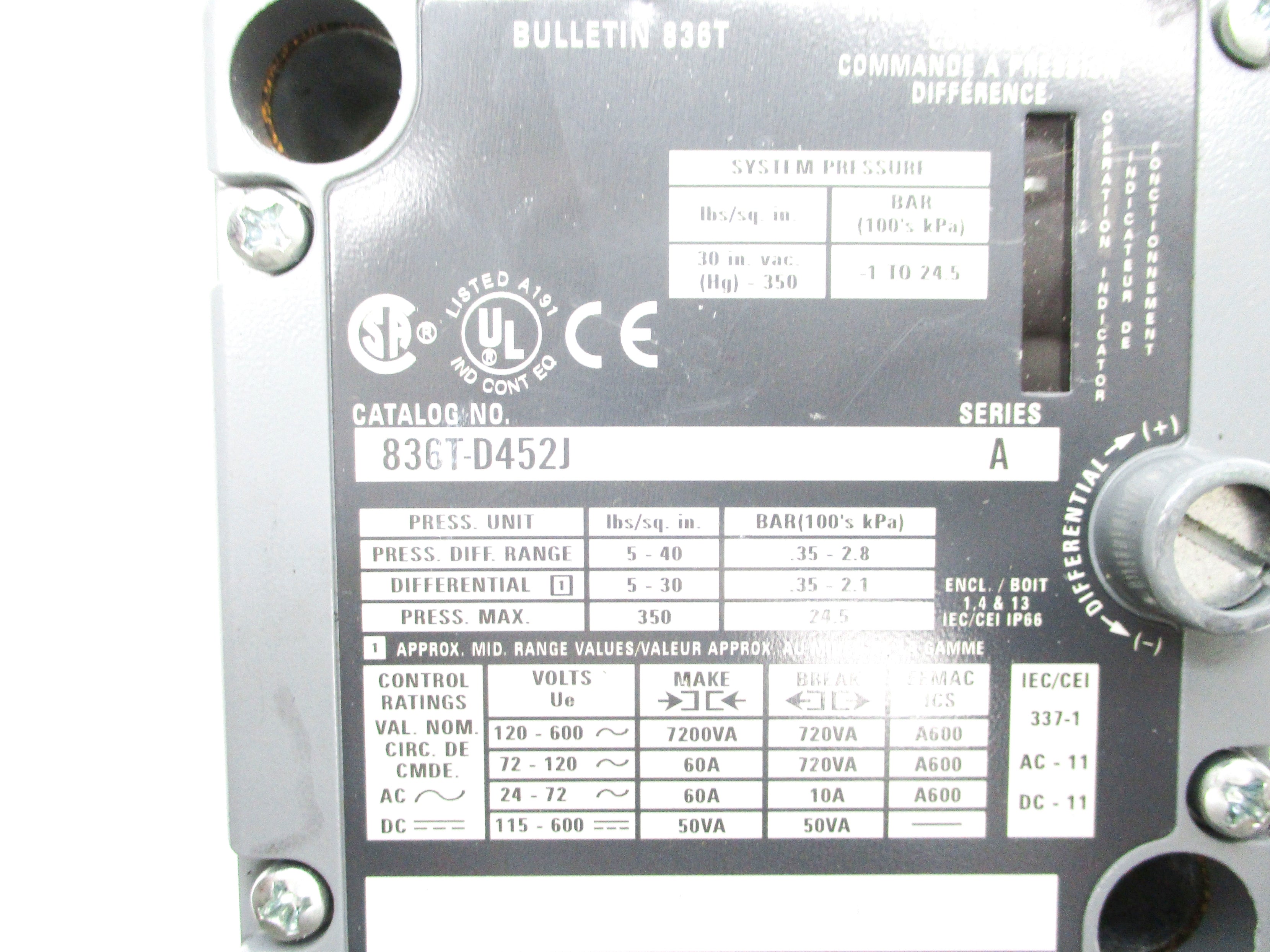 ALLEN BRADLEY 836T-D452J SER. A 5-30PSI NSNP