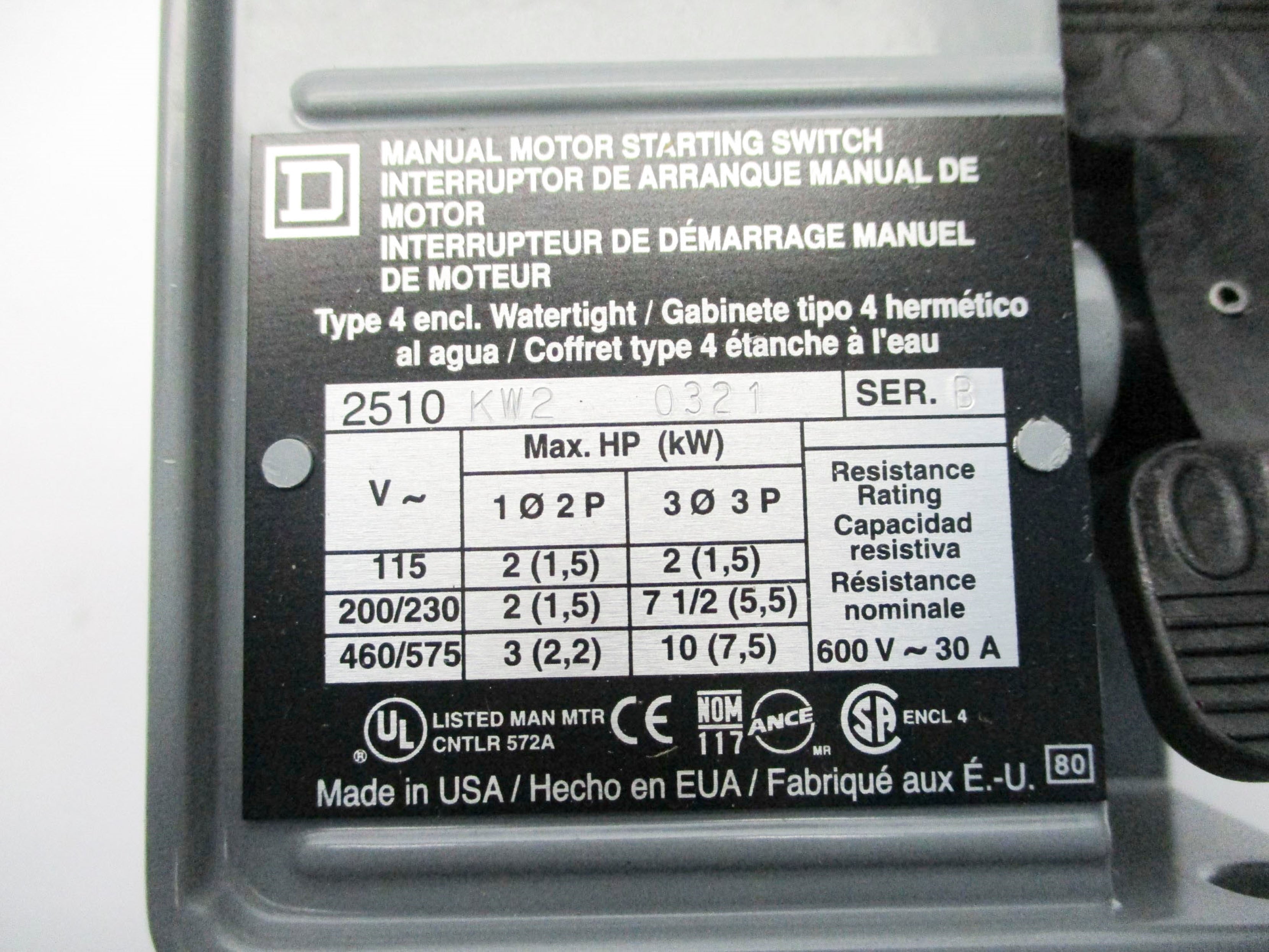 SQUARE D 2510KW20321 SER. B NSNP
