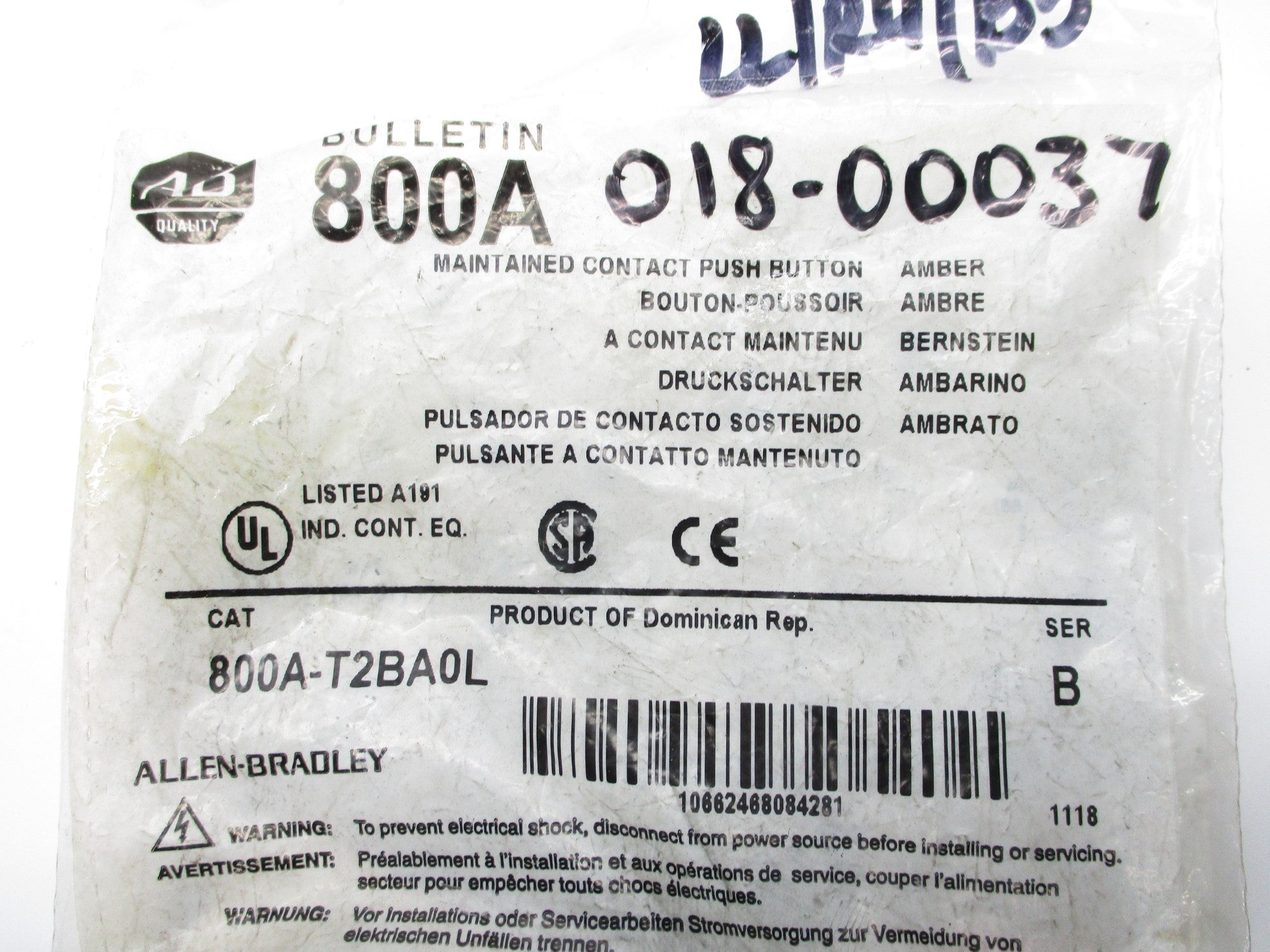 ALLEN BRADLEY 800A-T2BA0L SER. B NSMP