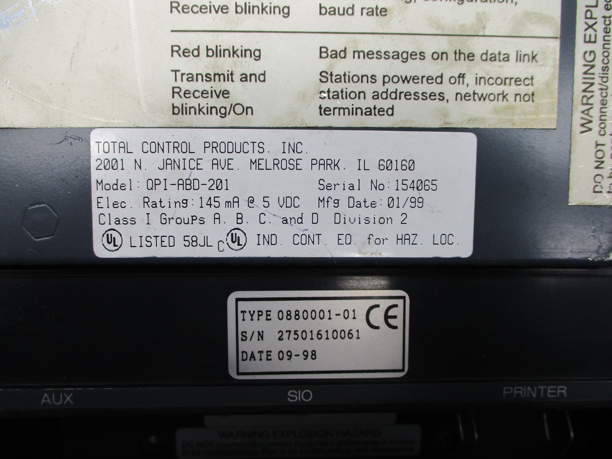 TOTAL CONTROL PRODUCTS QPI2D100L2P SER. A 0880001-01 UNMP