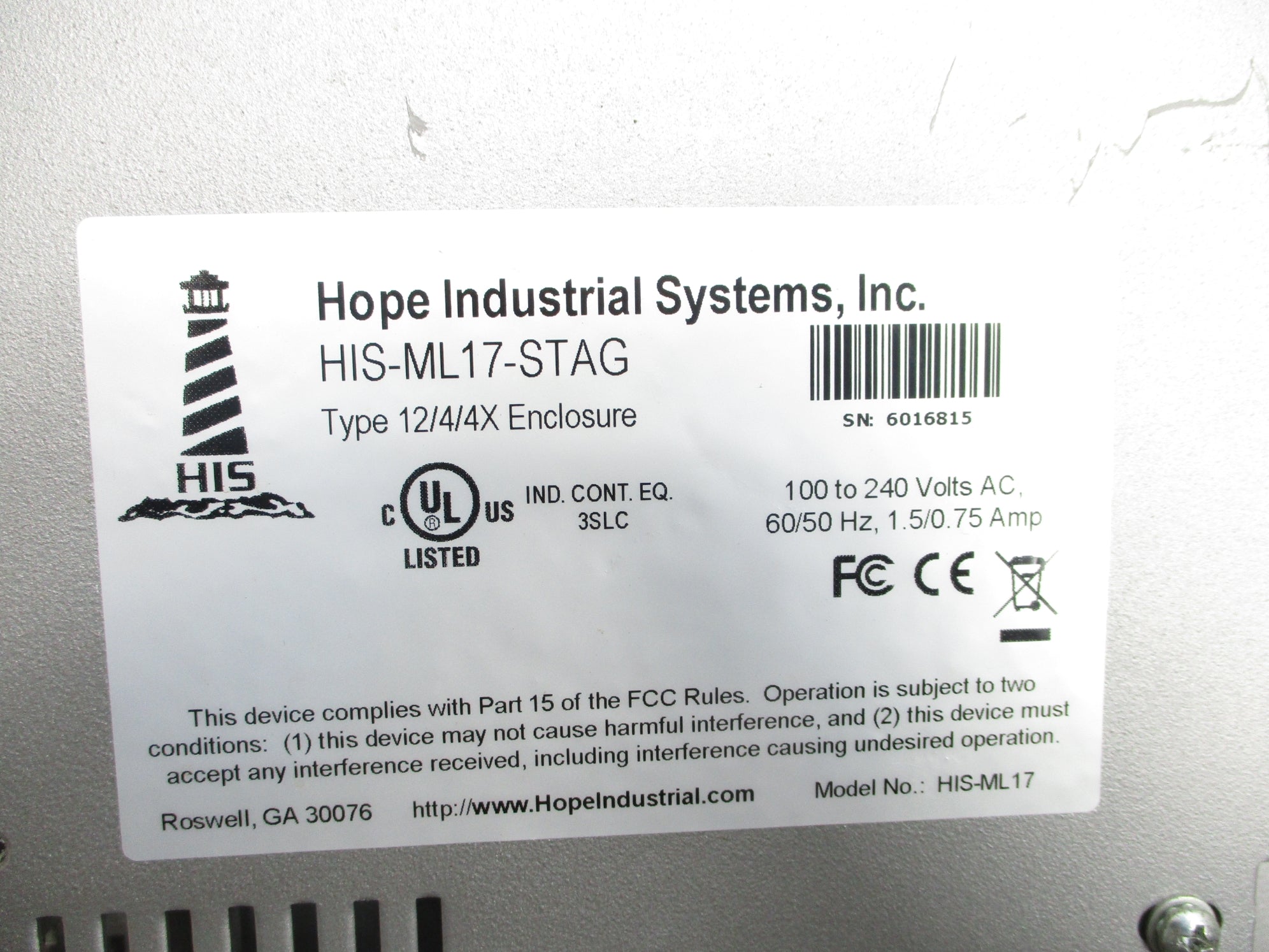 HOPE INDUSTRIAL SYSTEMS HIS-ML17-STAG 100-240VAC 0.75/1.5A UNMP