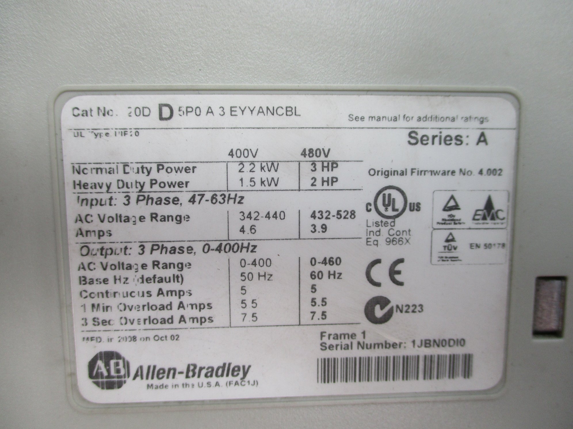 INDUSTRIAL SPARE PART 20DD5P0A3EYYANCBL SER. A F/W 4.002 UNMP