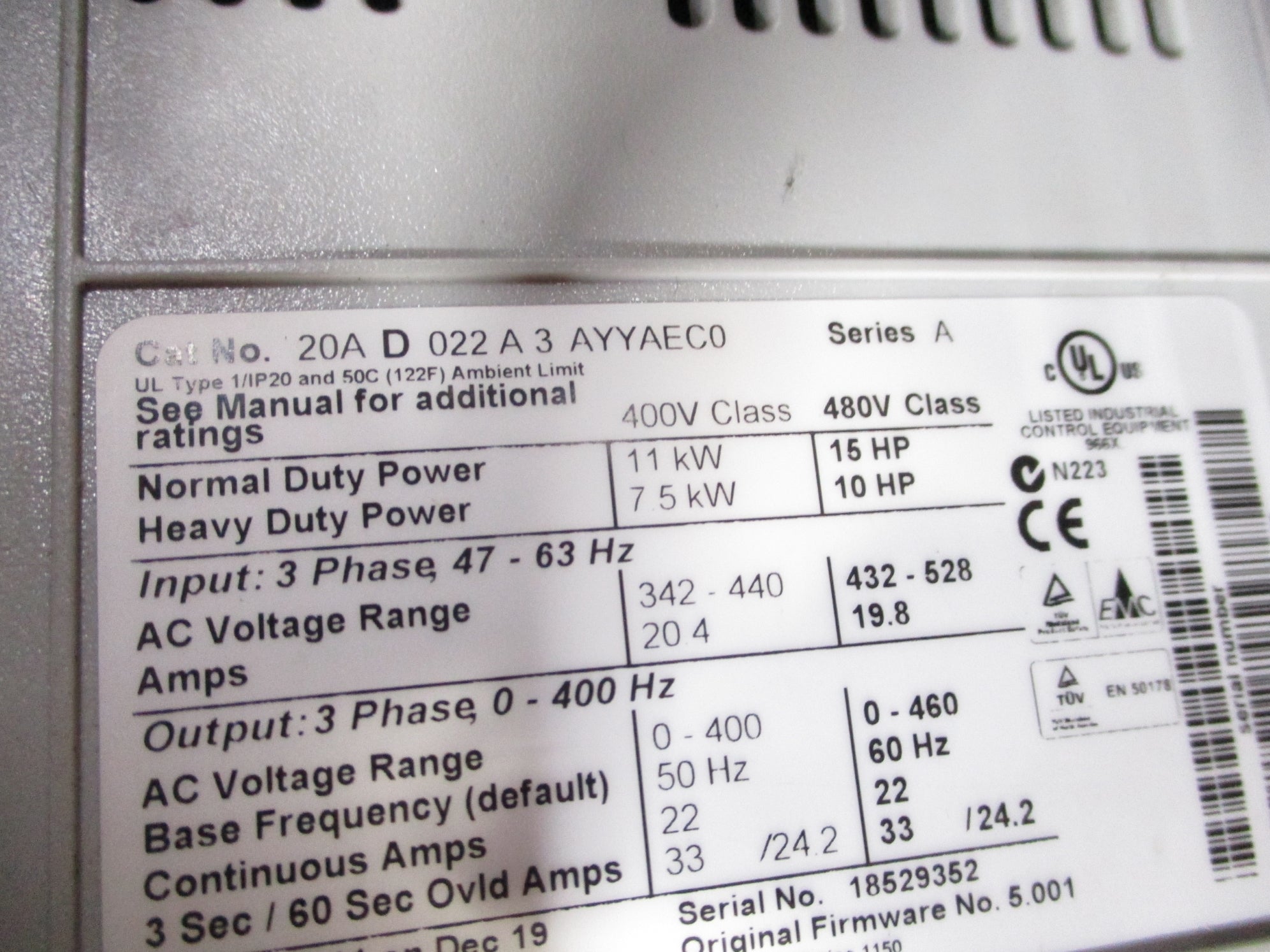 INDUSTRIAL SPARE PART 20AD022A3AYYAEC0 SER. A F/W 5.001 UNMP