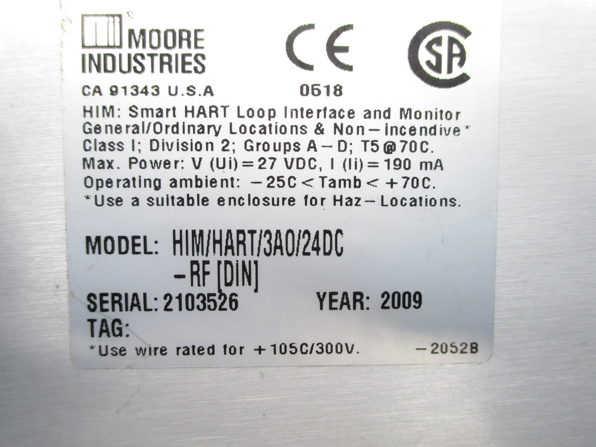 MOORE INDUSTRIES HIM/HART/3A0/24DC-RF UNMP