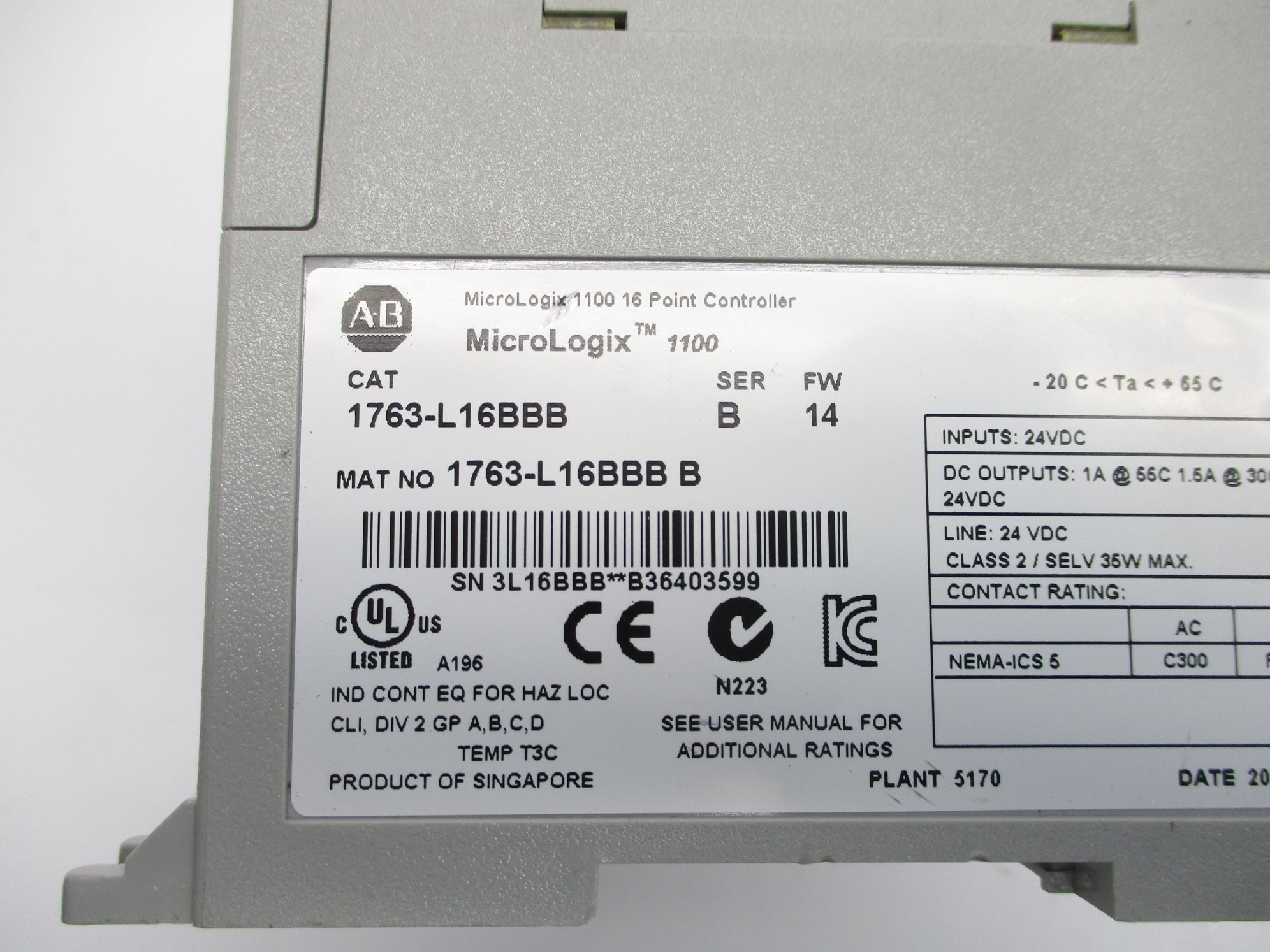 ALLEN BRADLEY 1763-L16BBB SER. B F/W 14 UNMP
