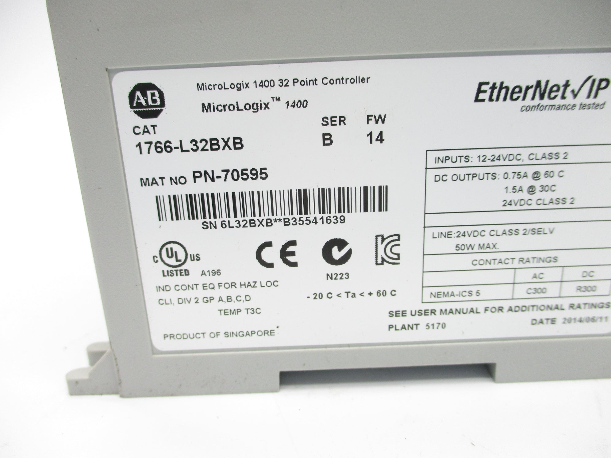 ALLEN BRADLEY 1766-L32BXB SER. B F/W 14 UNMP